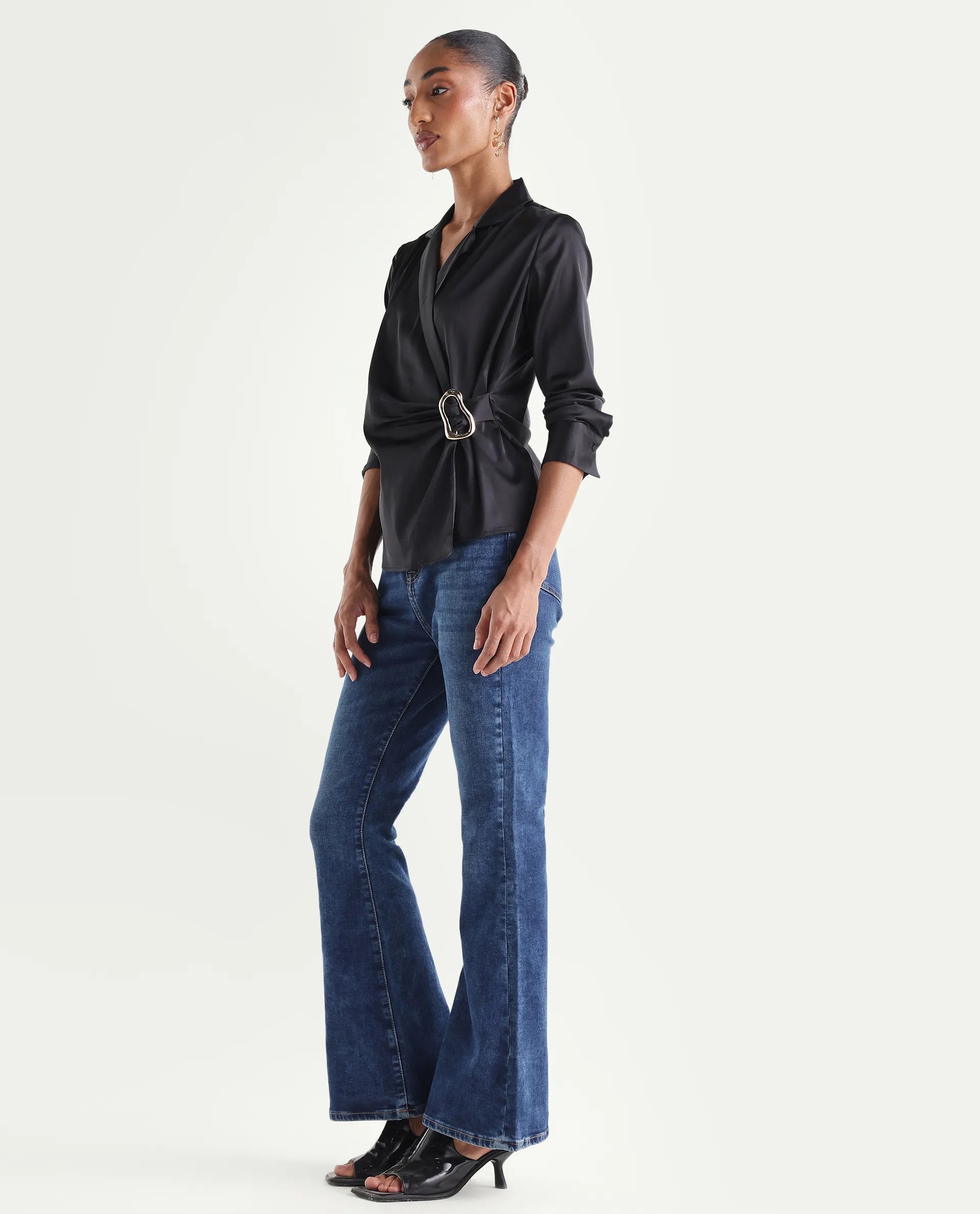 Rareism Women's Denza Blue Cotton Blend Bootcut Plain Jeans