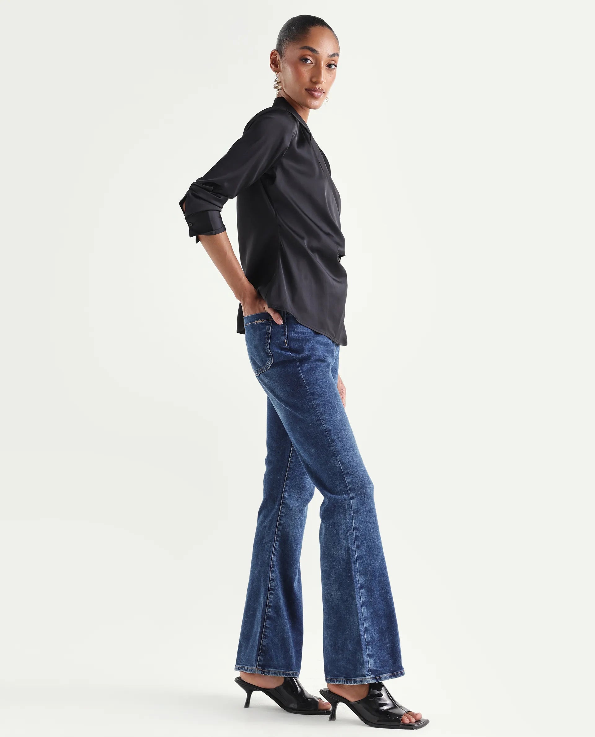 Rareism Women's Denza Blue Cotton Blend Bootcut Plain Jeans