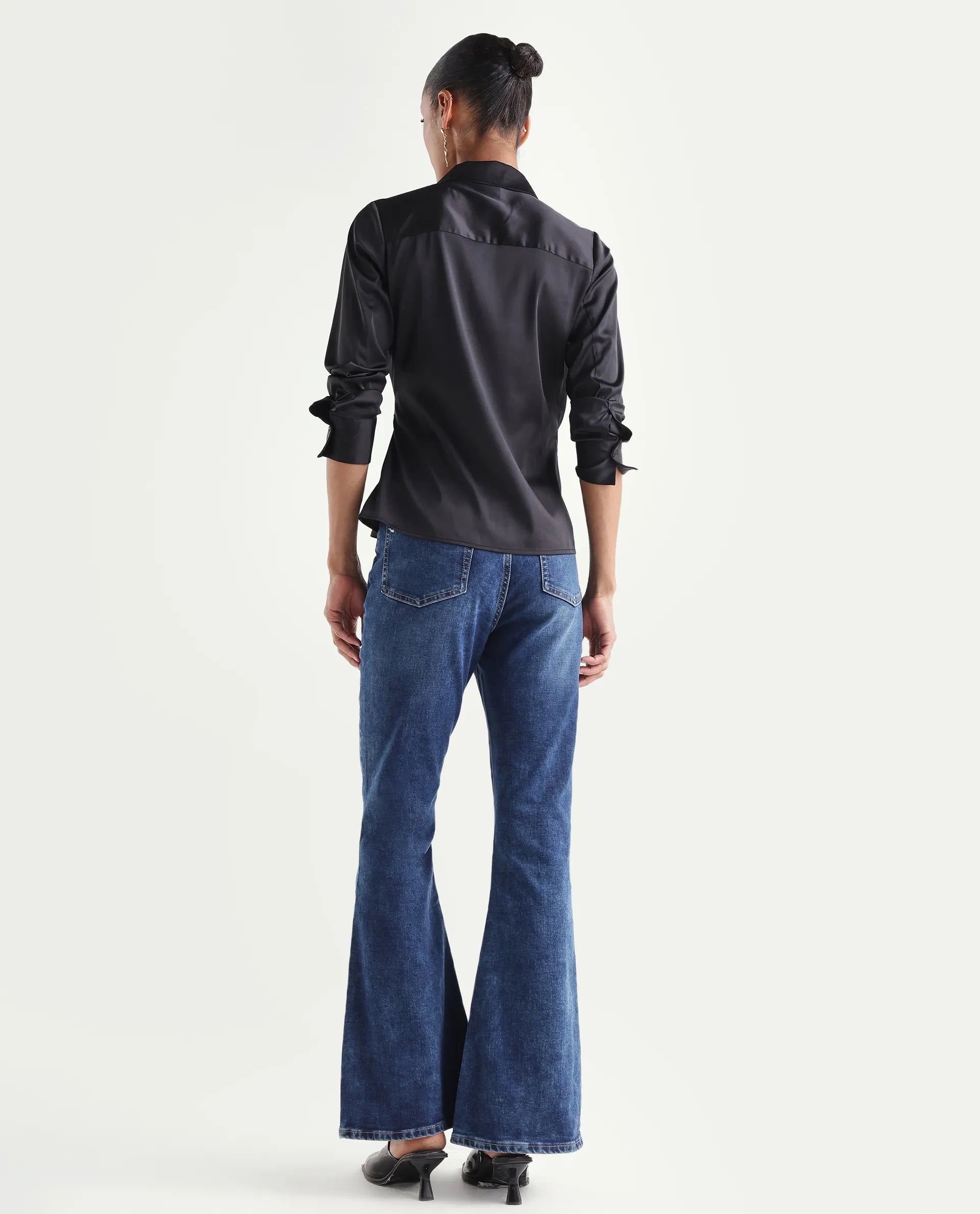 Rareism Women's Denza Blue Cotton Blend Bootcut Plain Jeans