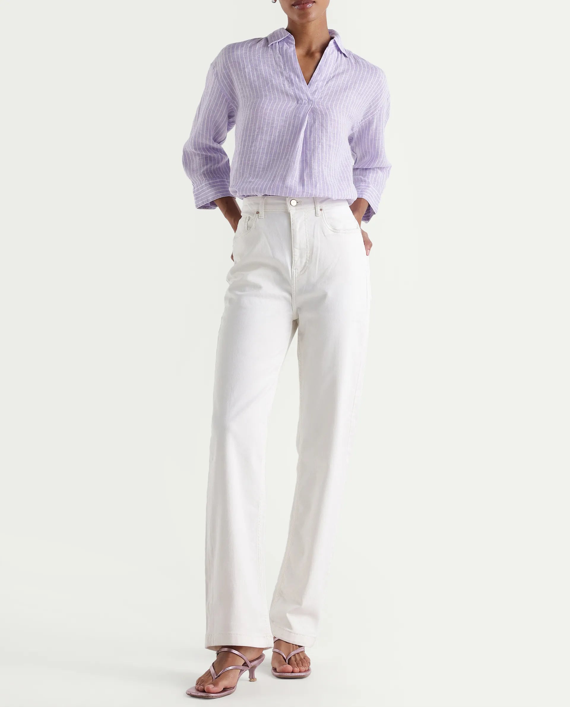 Rareism Women's Denby Off White Cotton Blend Straight Plain Jeans