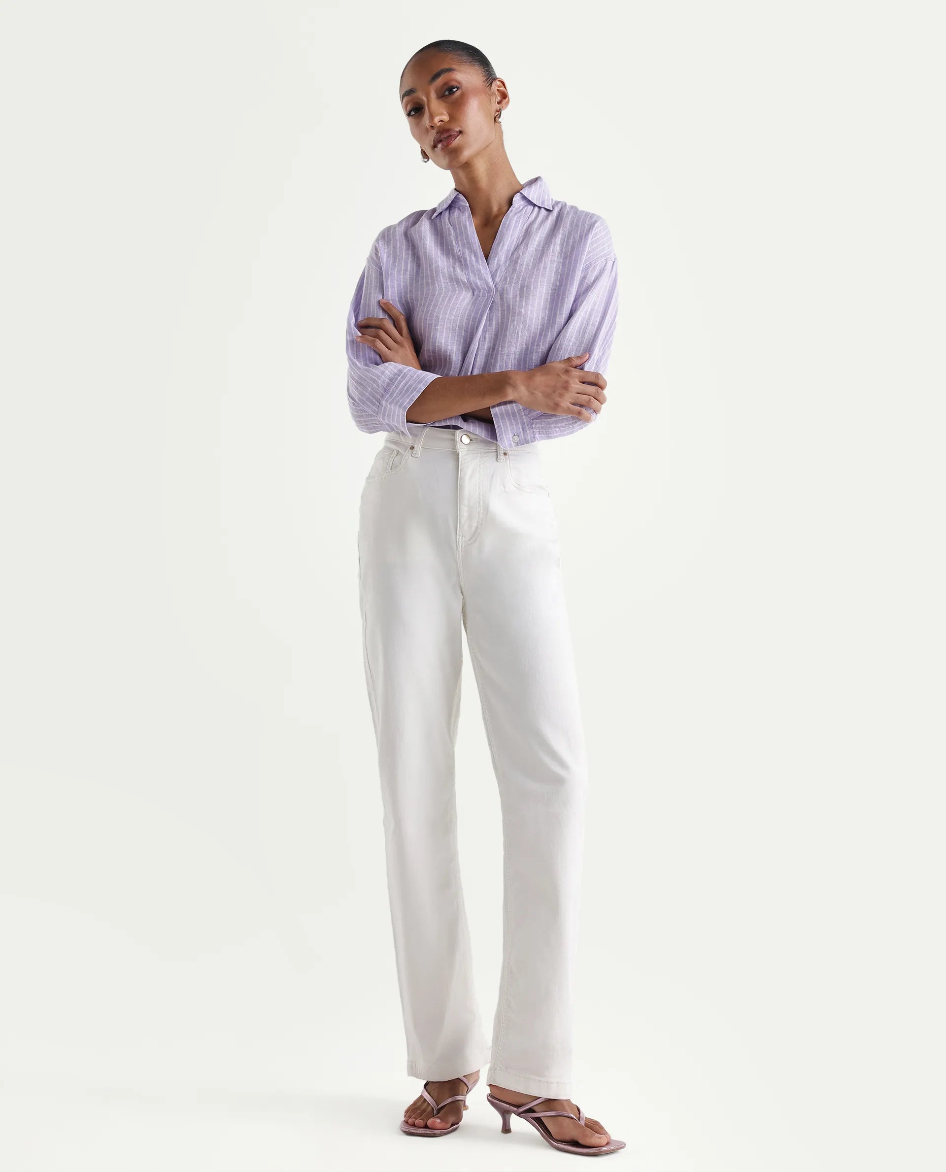 Rareism Women's Denby Off White Cotton Blend Straight Plain Jeans
