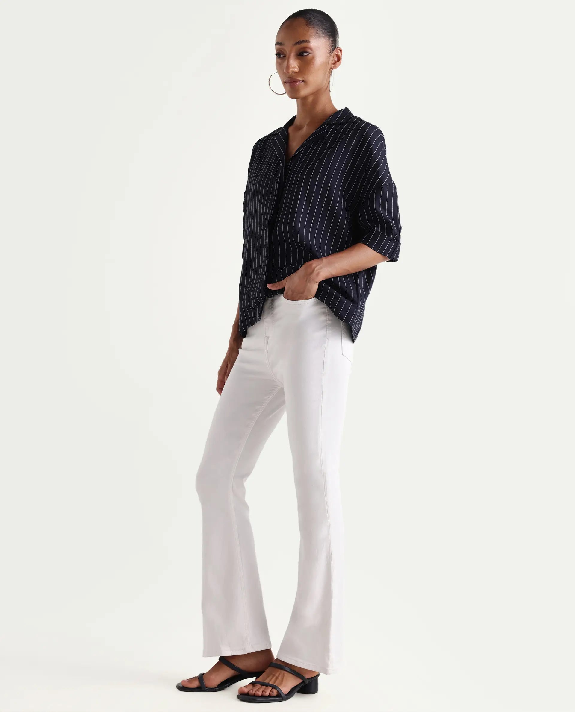 Rareism Women's Denro White Cotton Blend Bootcut Plain Jeans