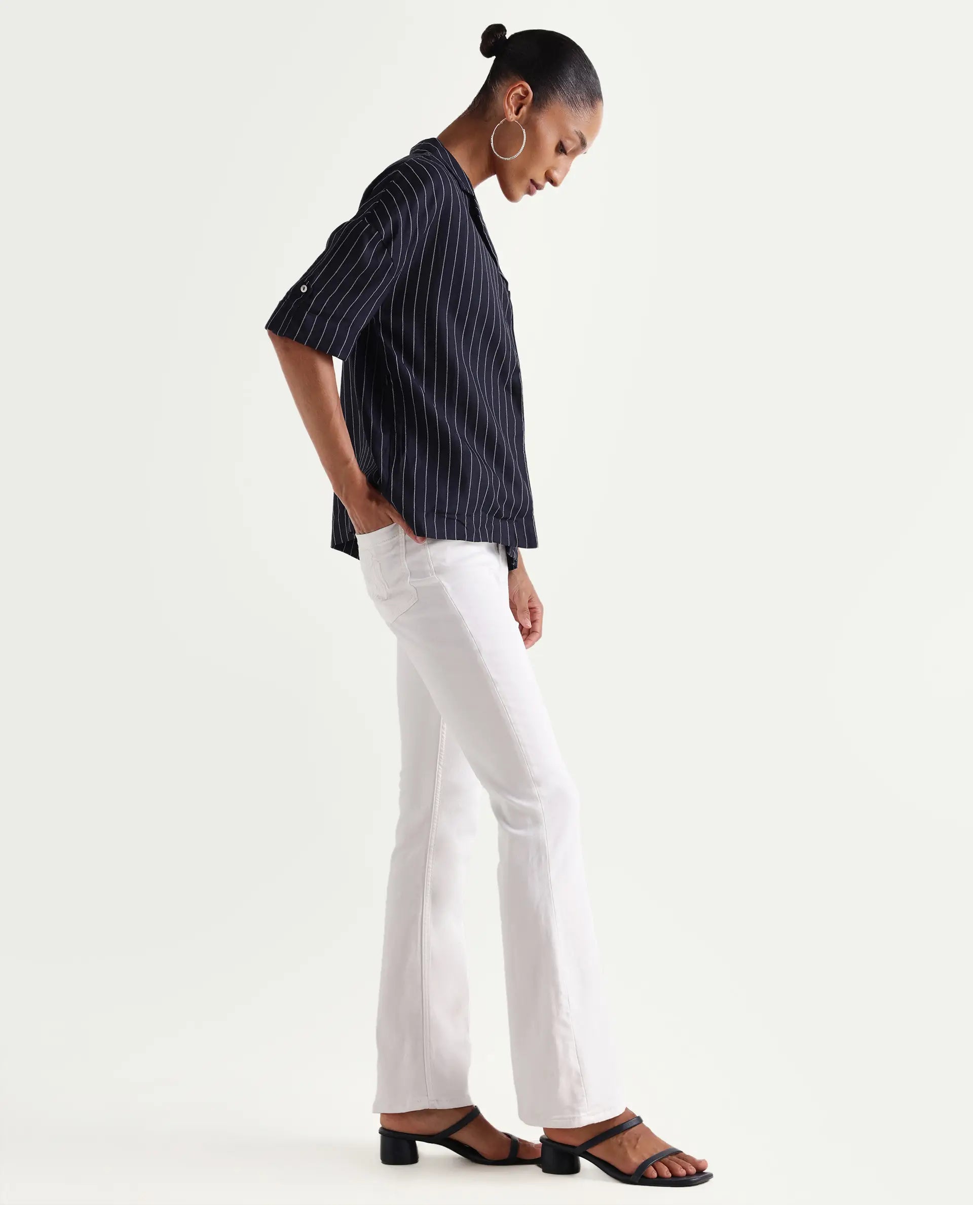 Rareism Women's Denro White Cotton Blend Bootcut Plain Jeans