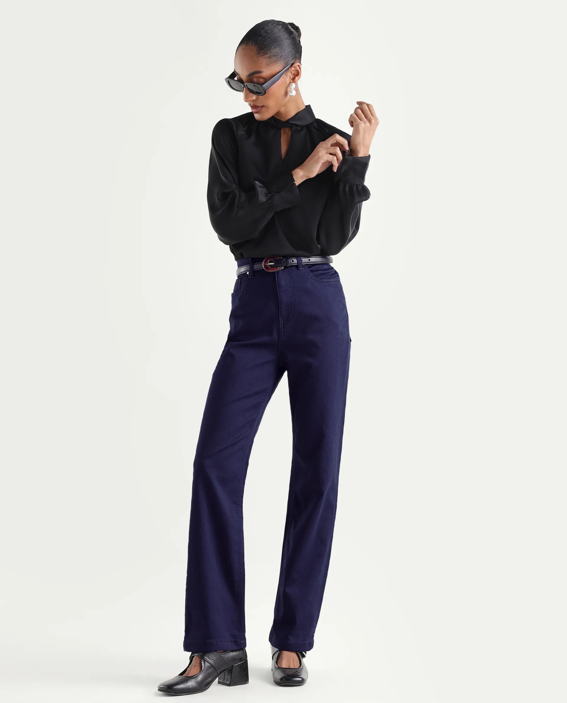 Rareism Women's Denly Navy Cotton Blend Straight Plain Jeans