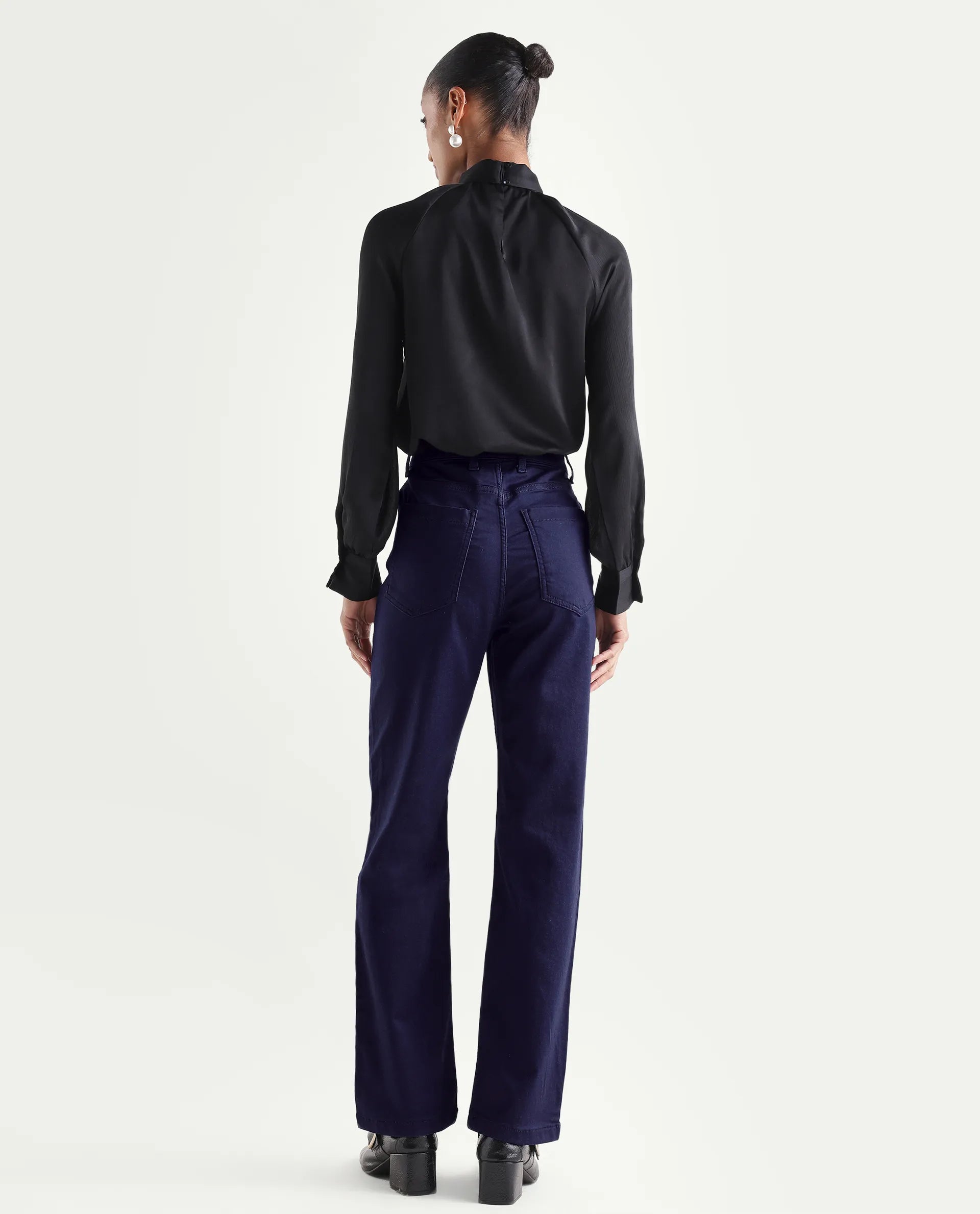 Rareism Women's Denly Navy Cotton Blend Straight Plain Jeans