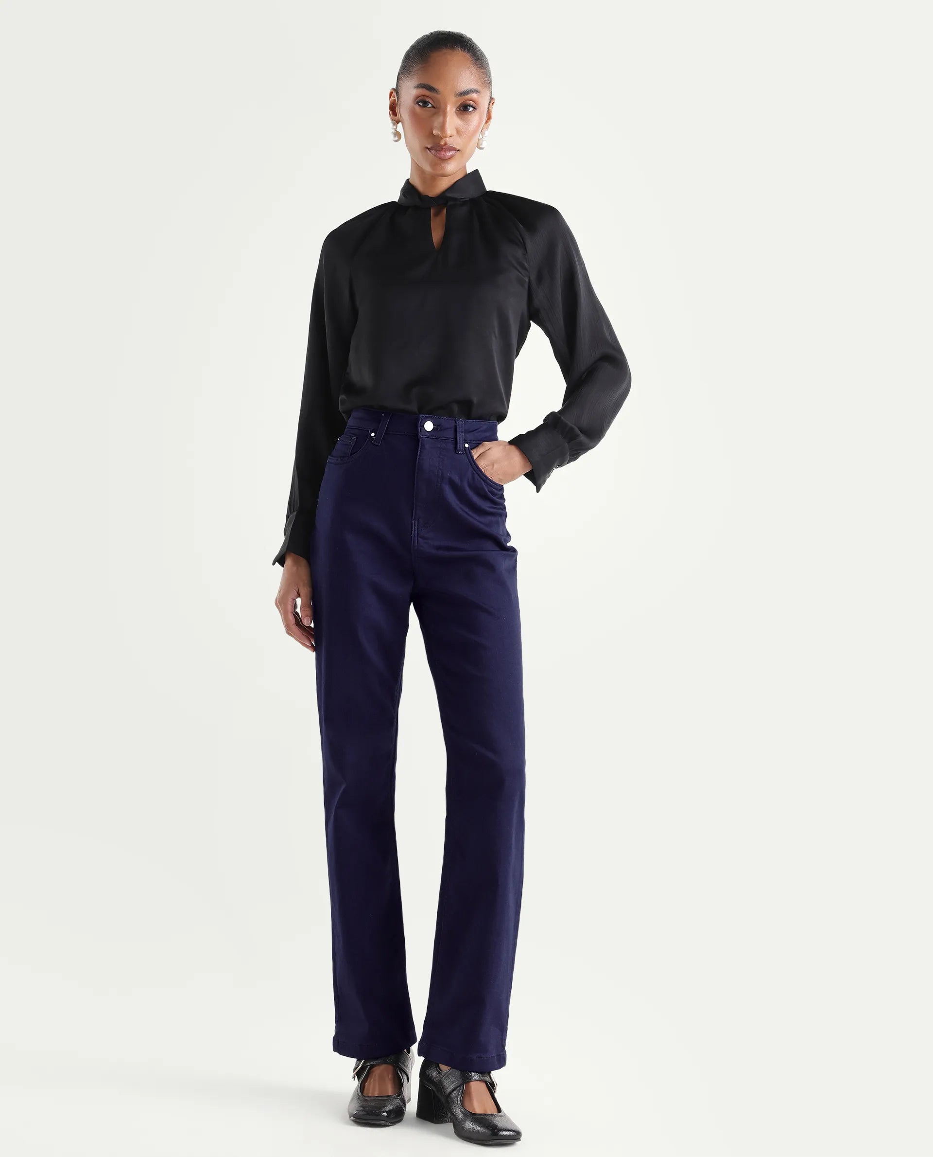 Rareism Women's Denly Navy Cotton Blend Straight Plain Jeans