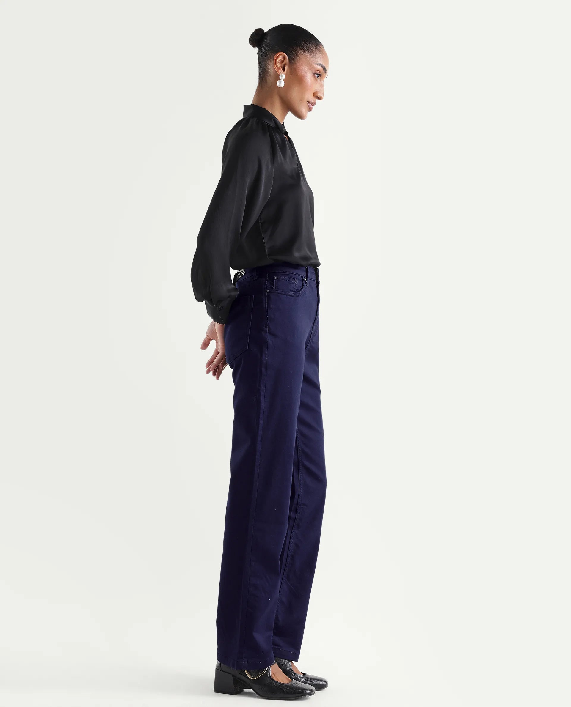 Rareism Women's Denly Navy Cotton Blend Straight Plain Jeans