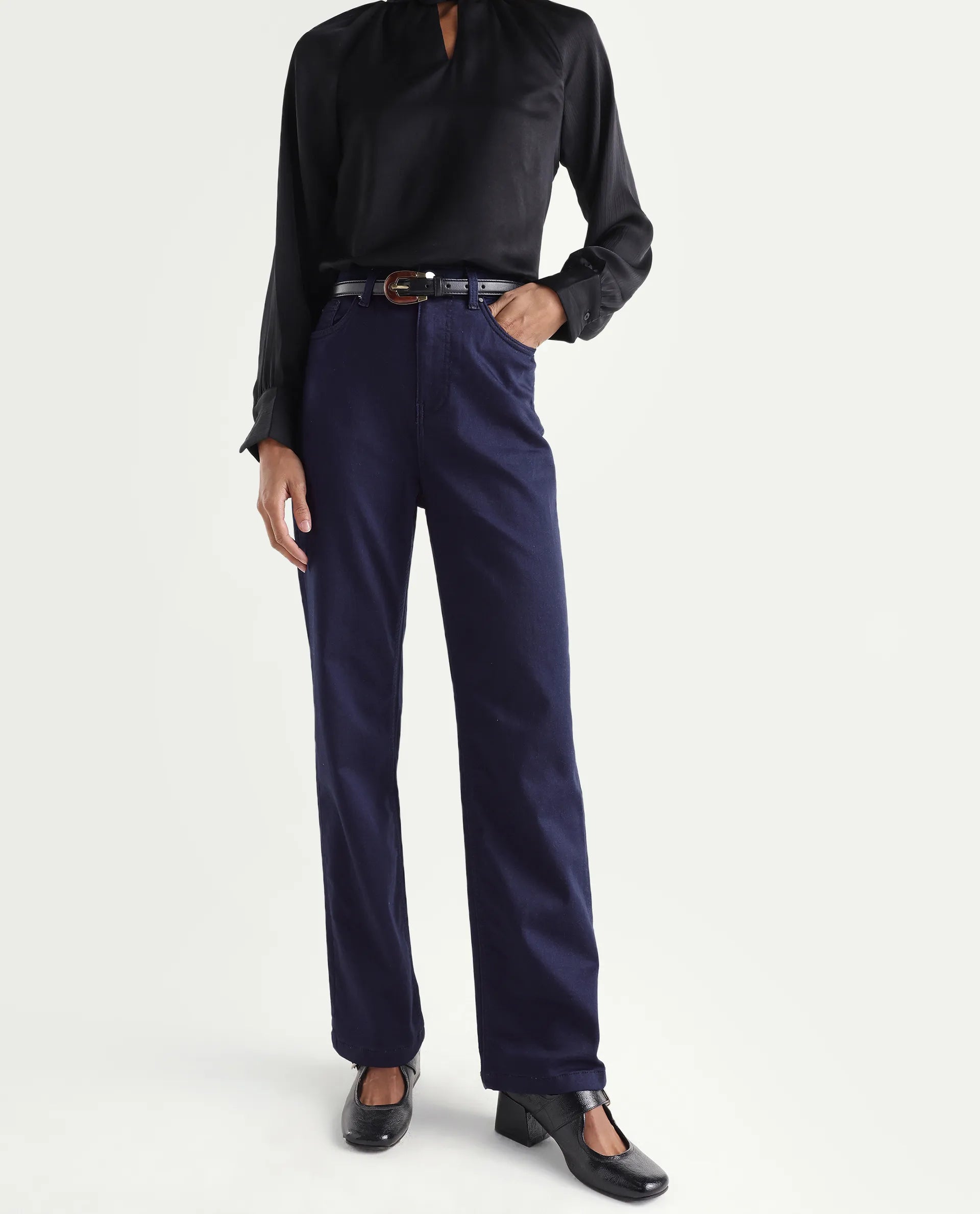 Rareism Women's Denly Navy Cotton Blend Straight Plain Jeans