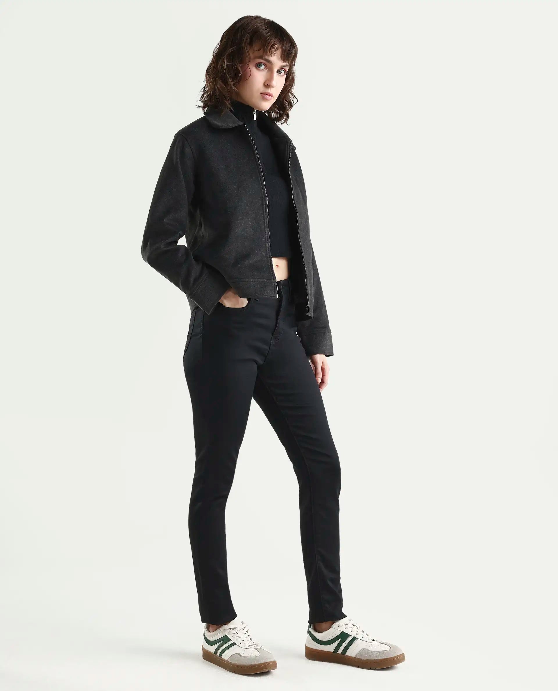 Rareism Women's Denzo Black Cotton Blend Skinny Plain Jeans