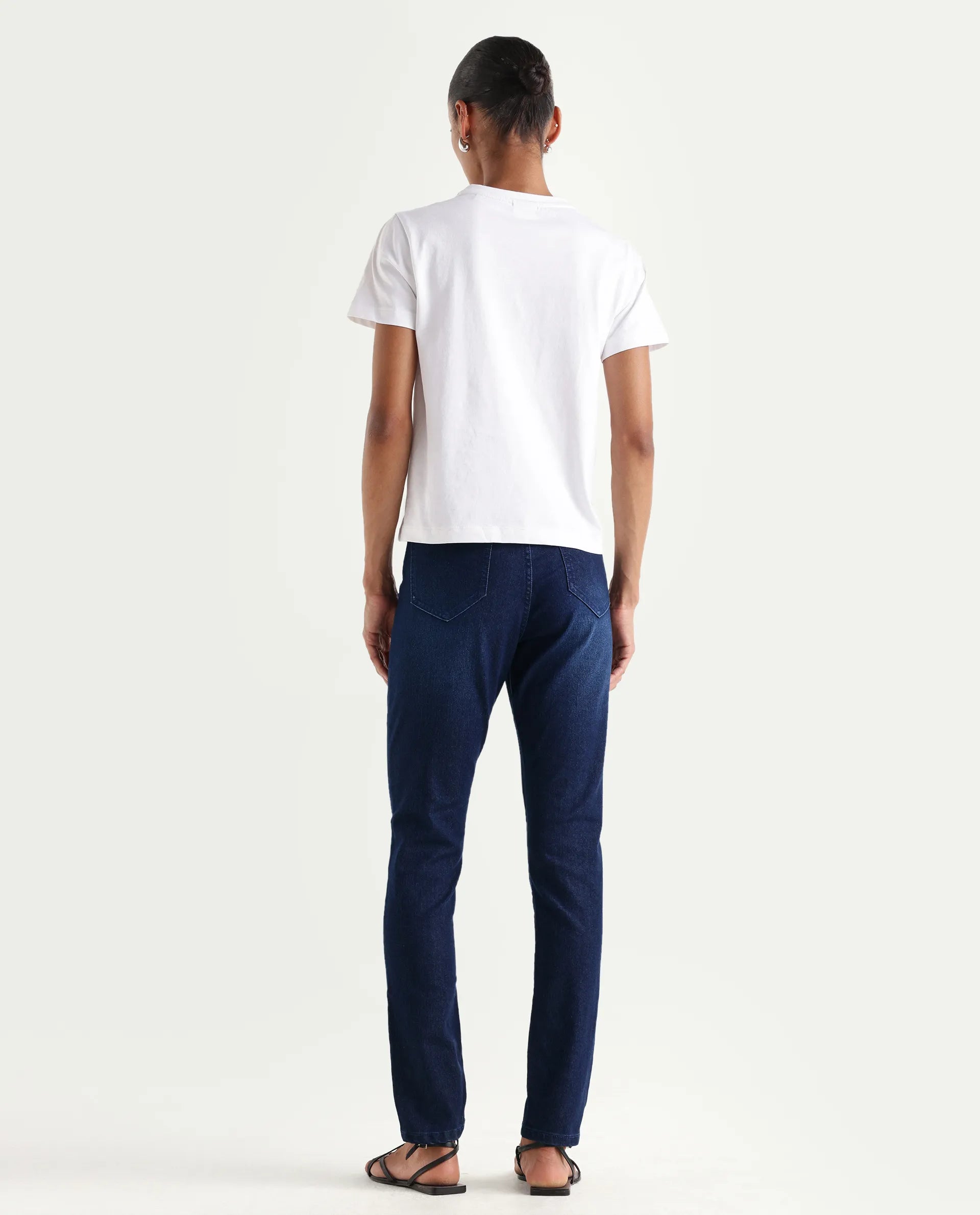 Rareism Women's Denvo Blue Cotton Blend Skinny Plain Jeans