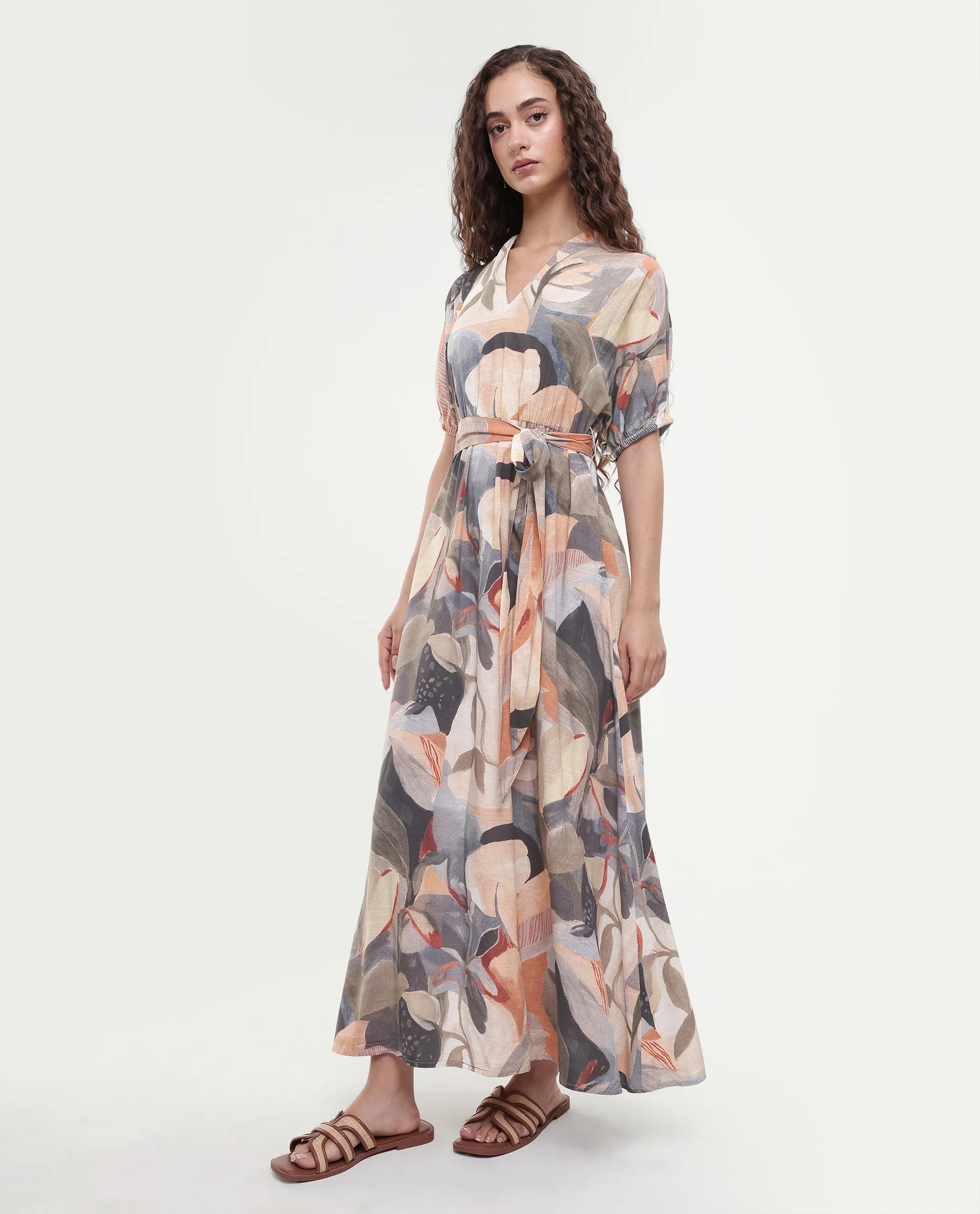 Rareism Women's Arnai Multi Viscose V-Neck A-Line Abstract Print Dress
