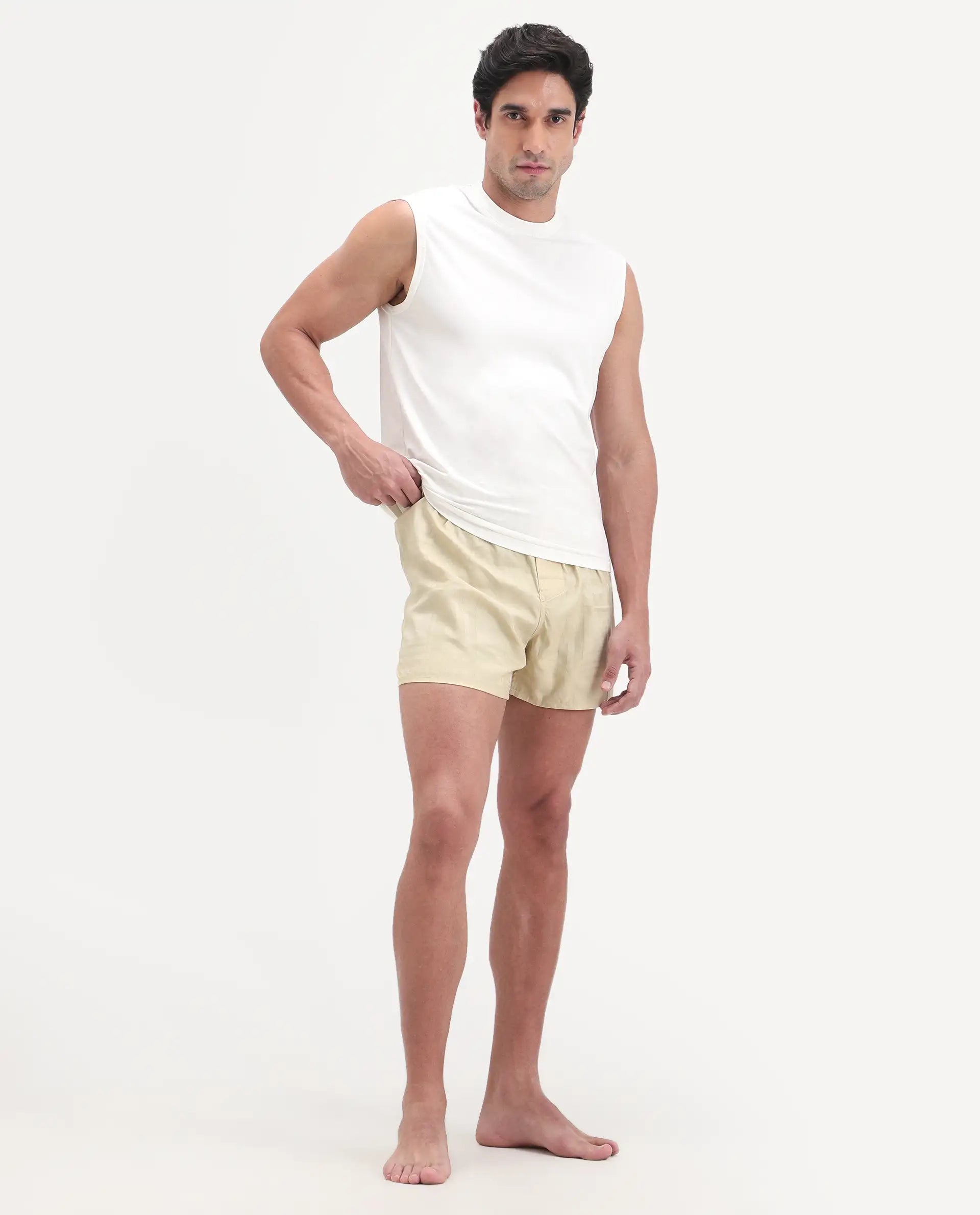 Rare Rabbit Men's Deval Beige Cotton Blend Fabric Regular Fit Checks Boxer