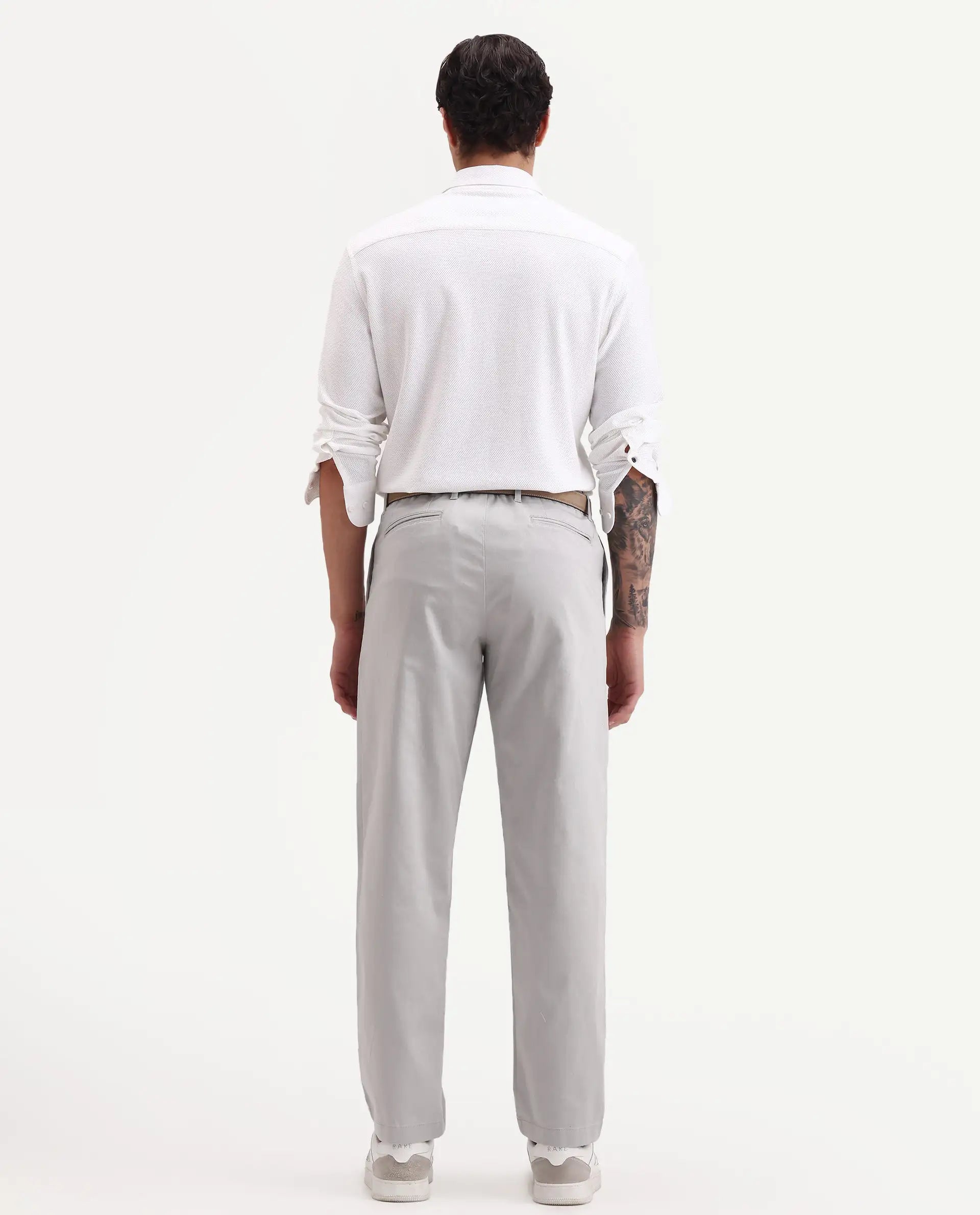Rare Rabbit Men's Parga Light Grey Cotton Blend Fabric Regular Fit Plain Trouser