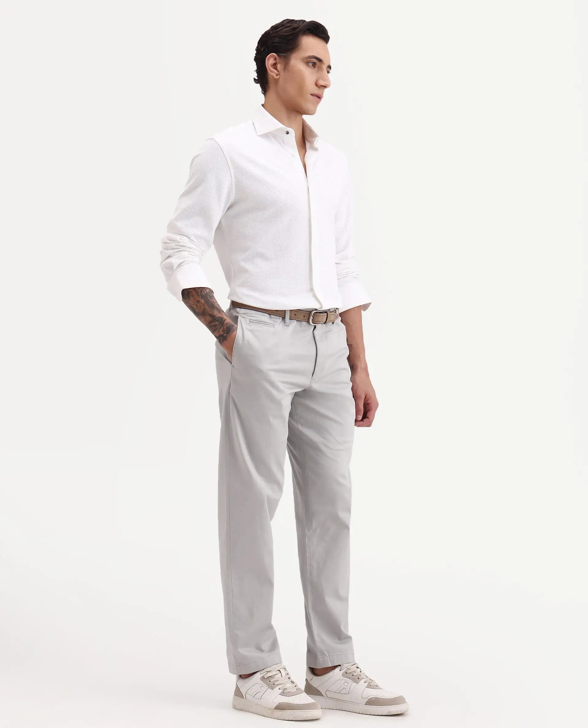 Rare Rabbit Men's Parga Light Grey Cotton Blend Fabric Regular Fit Plain Trouser