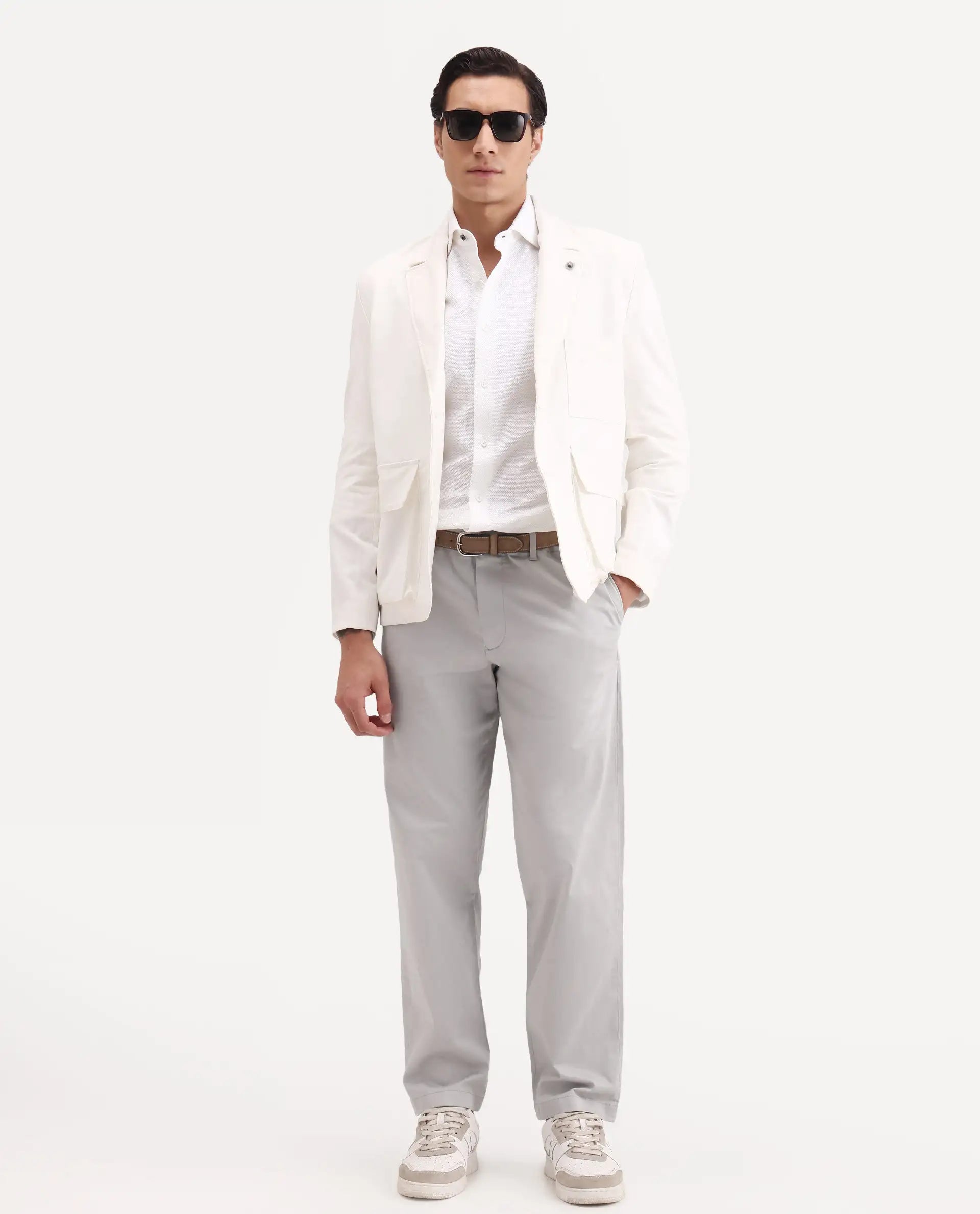 Rare Rabbit Men's Parga Light Grey Cotton Blend Fabric Regular Fit Plain Trouser