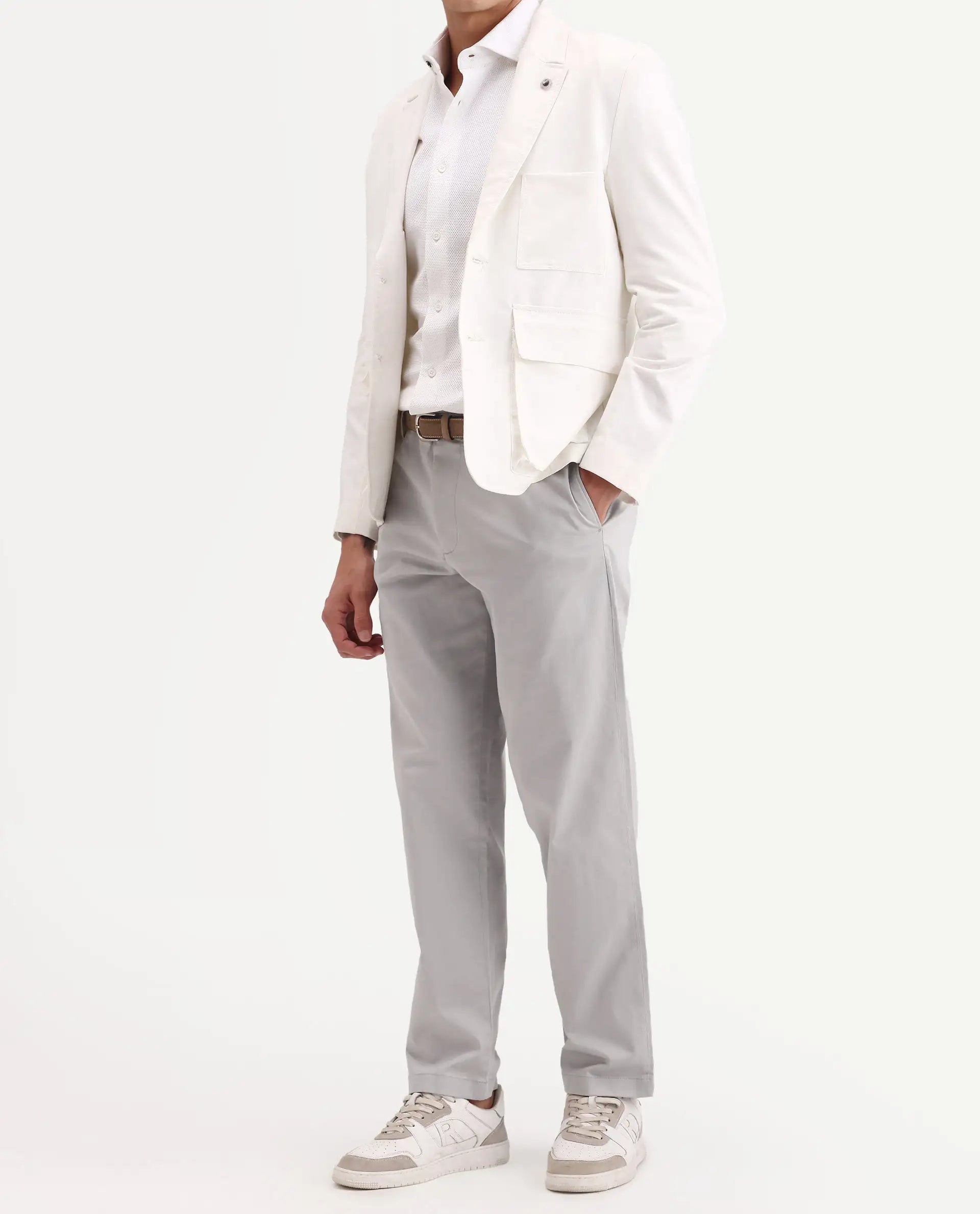 Rare Rabbit Men's Parga Light Grey Cotton Blend Fabric Regular Fit Plain Trouser
