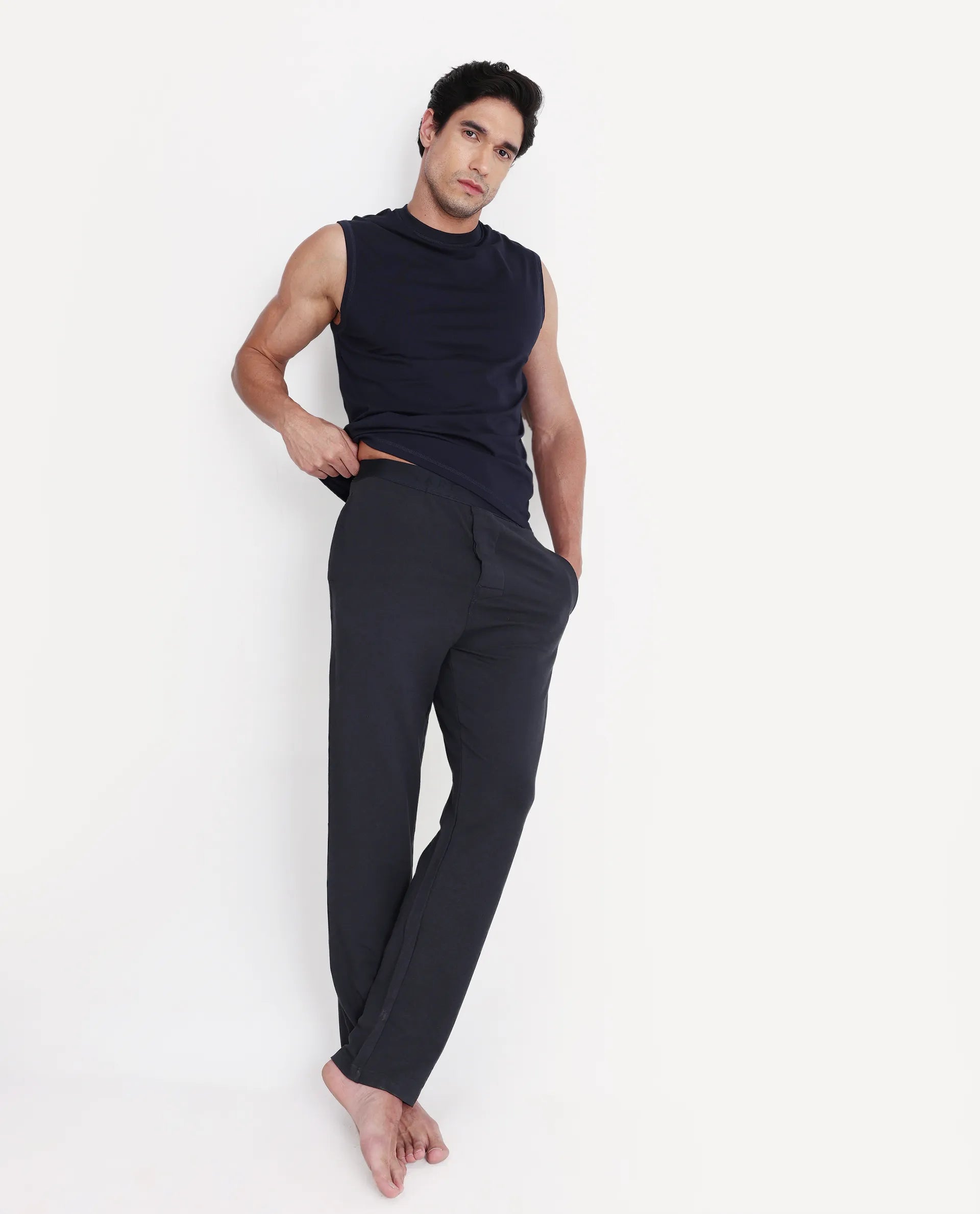 Rare Rabbit Men's Koney Navy Cotton Blend Fabric Regular Fit Plain Pajama