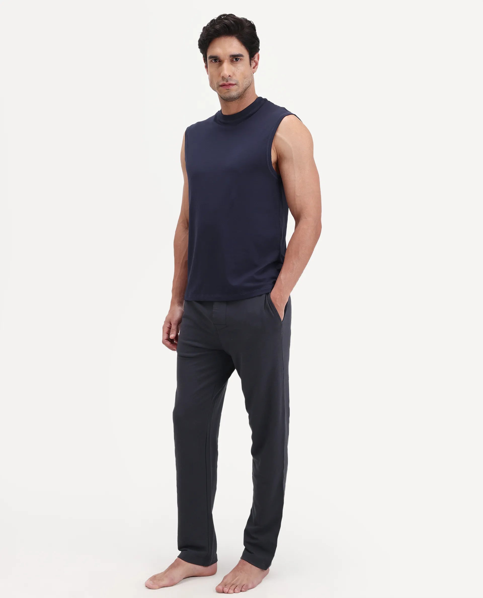 Rare Rabbit Men's Koney Navy Cotton Blend Fabric Regular Fit Plain Pajama