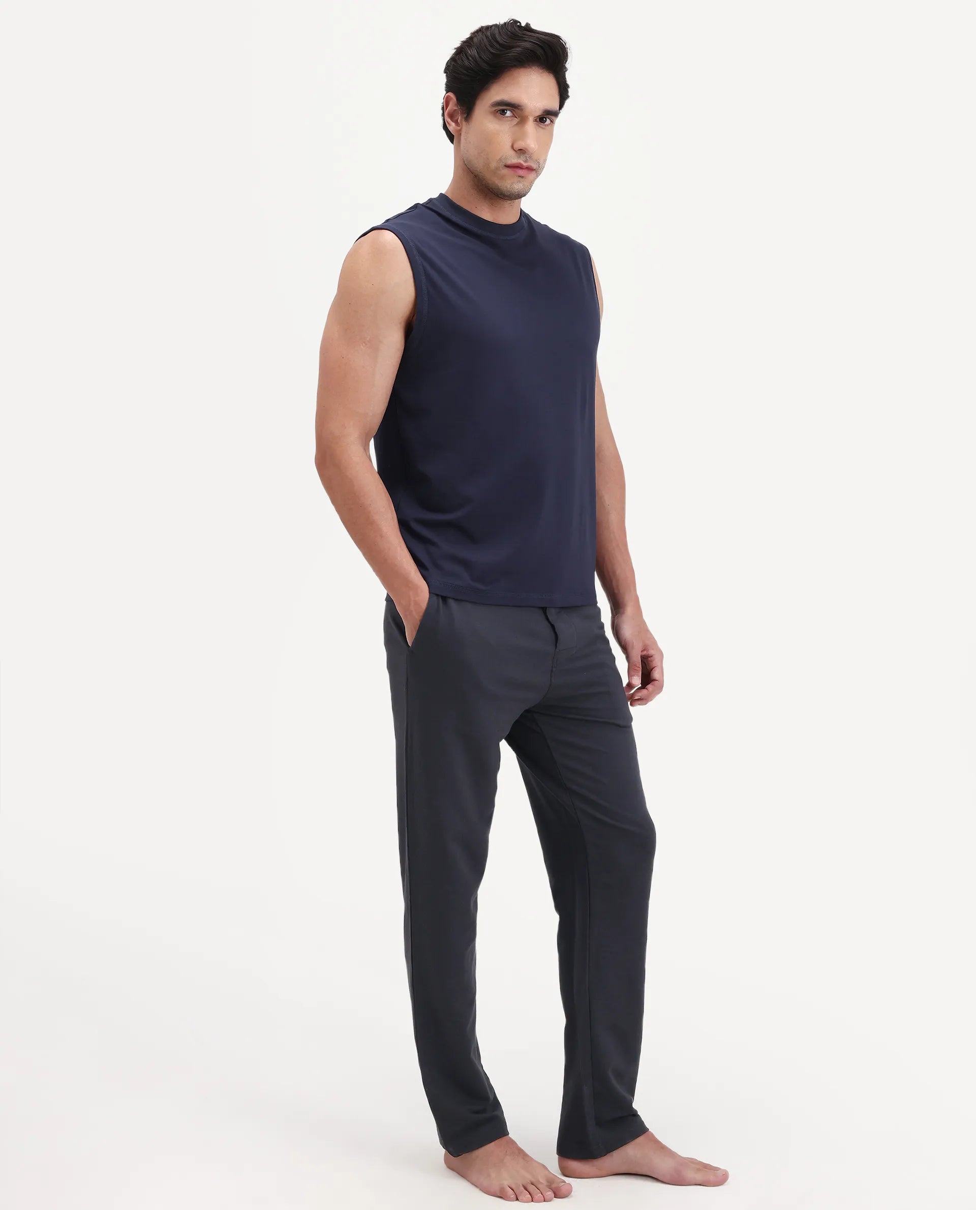 Rare Rabbit Men's Koney Navy Cotton Blend Fabric Regular Fit Plain Pajama