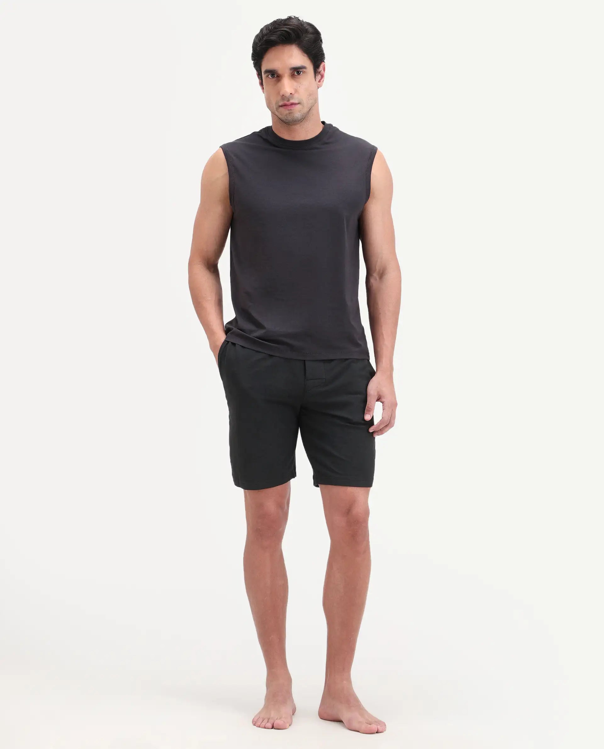 Rare Rabbit Men's Pont Black Cotton Fabric Relaxed Fit Plain Stretchable Shorts