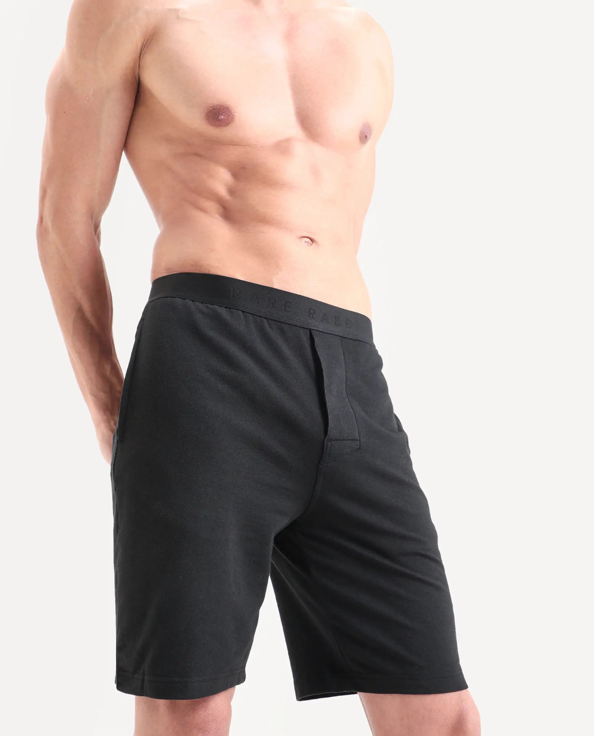 Rare Rabbit Men's Pont Black Cotton Fabric Relaxed Fit Plain Stretchable Shorts