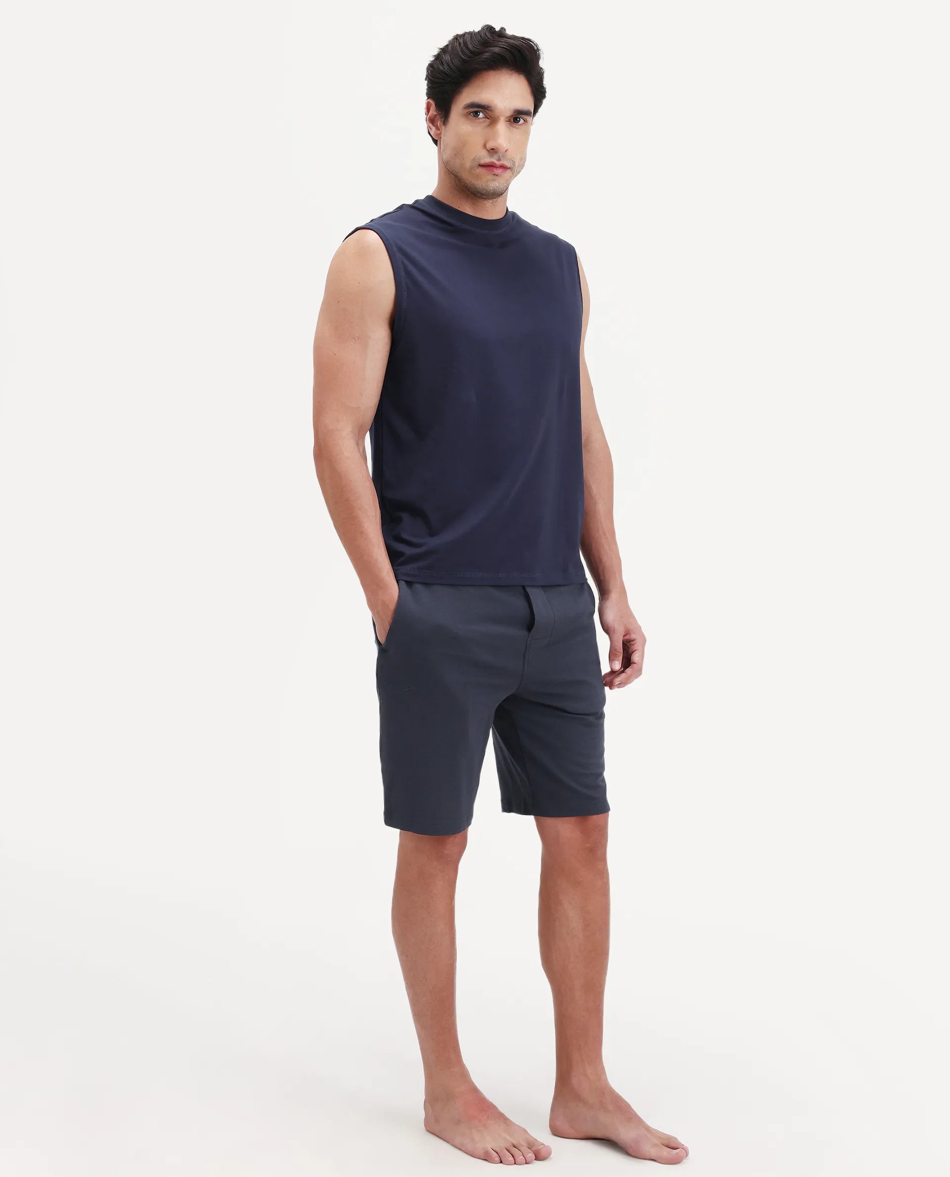 Rare Rabbit Men's Pont Navy Cotton Fabric Relaxed Fit Plain Stretchable Shorts