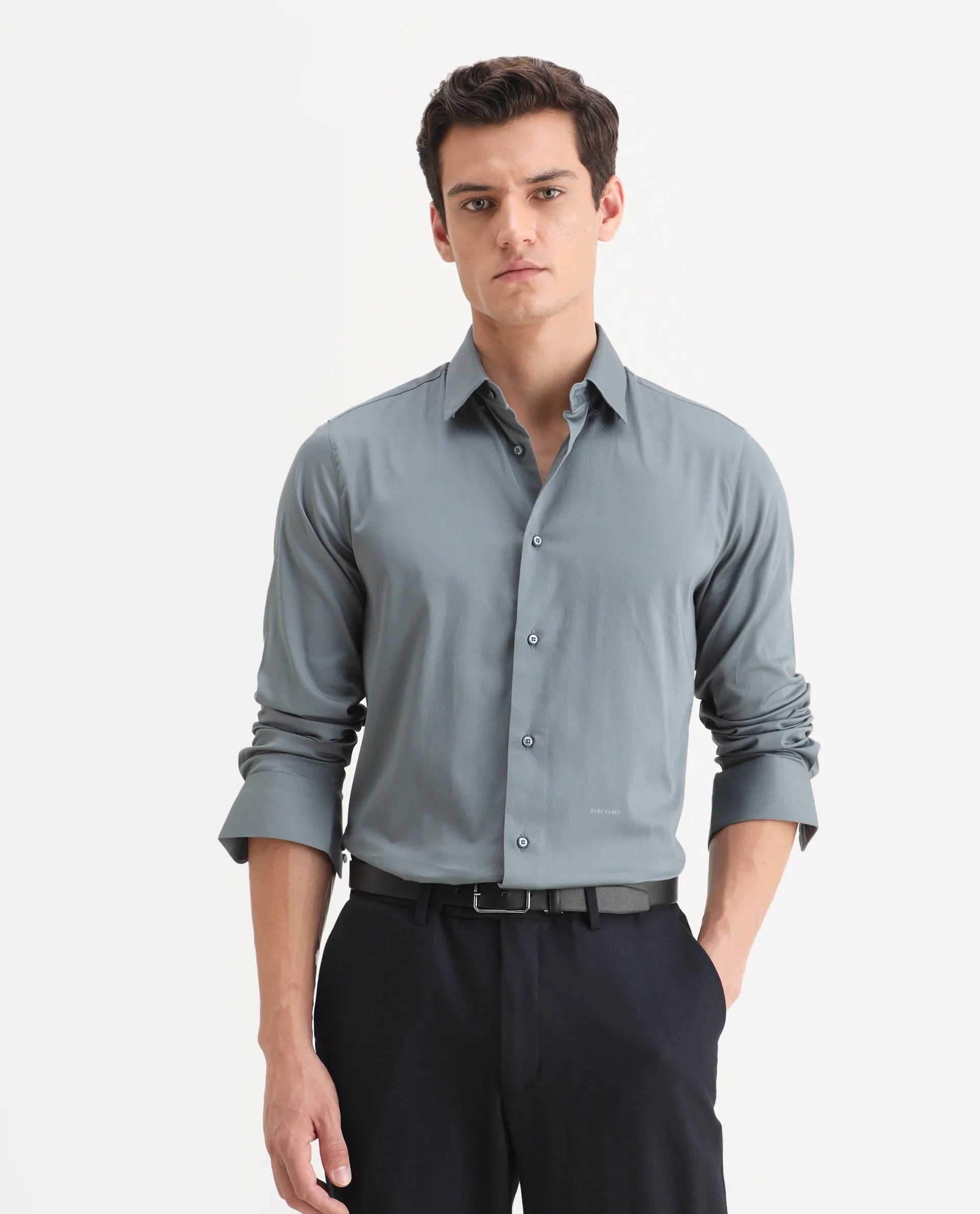 Rare Rabbit Men's Como-25 Dusky Blue Cotton Blend Plain Regular Fit Full Sleeve Collared Shirt