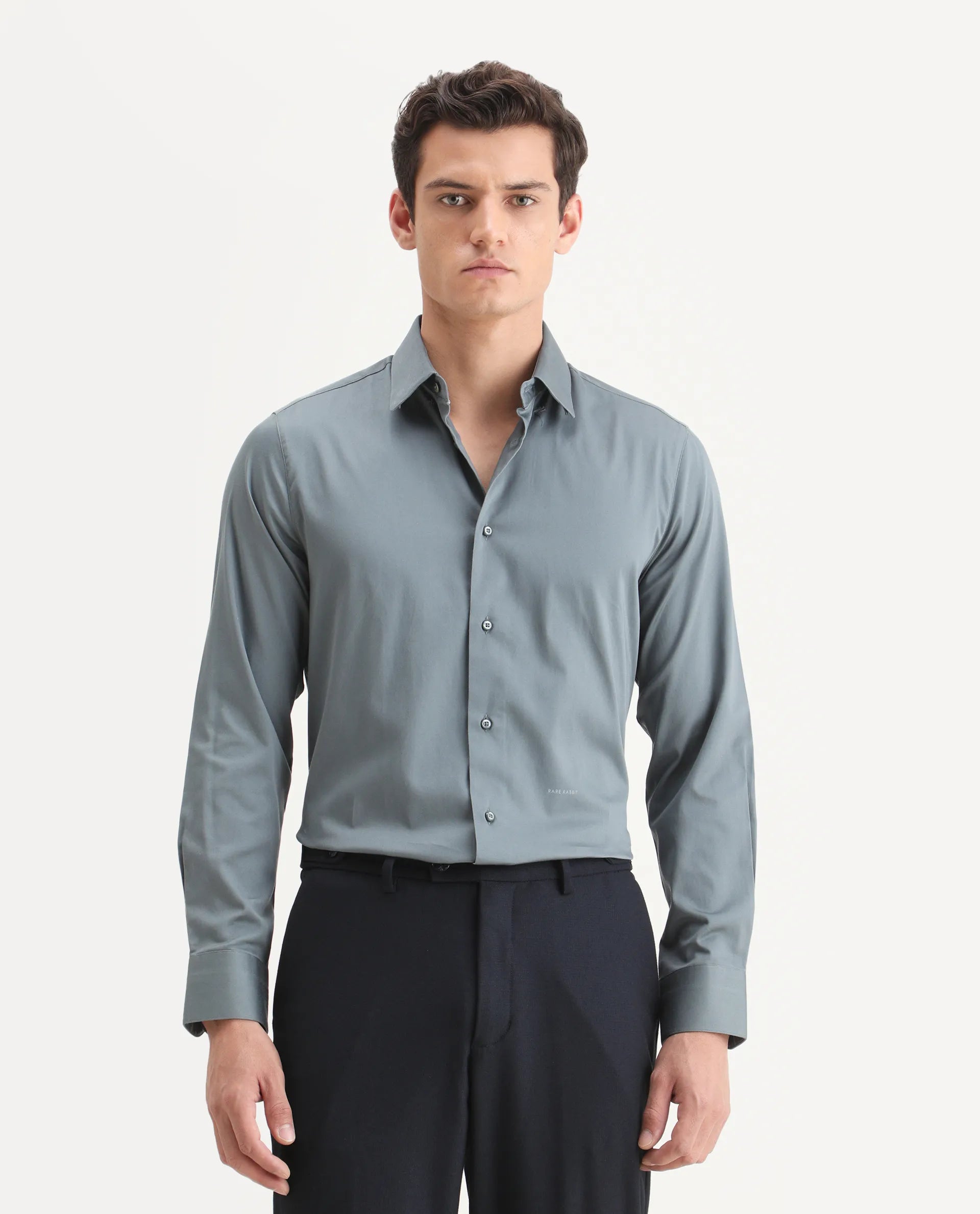 Rare Rabbit Men's Como-25 Dusky Blue Cotton Blend Plain Regular Fit Full Sleeve Collared Shirt