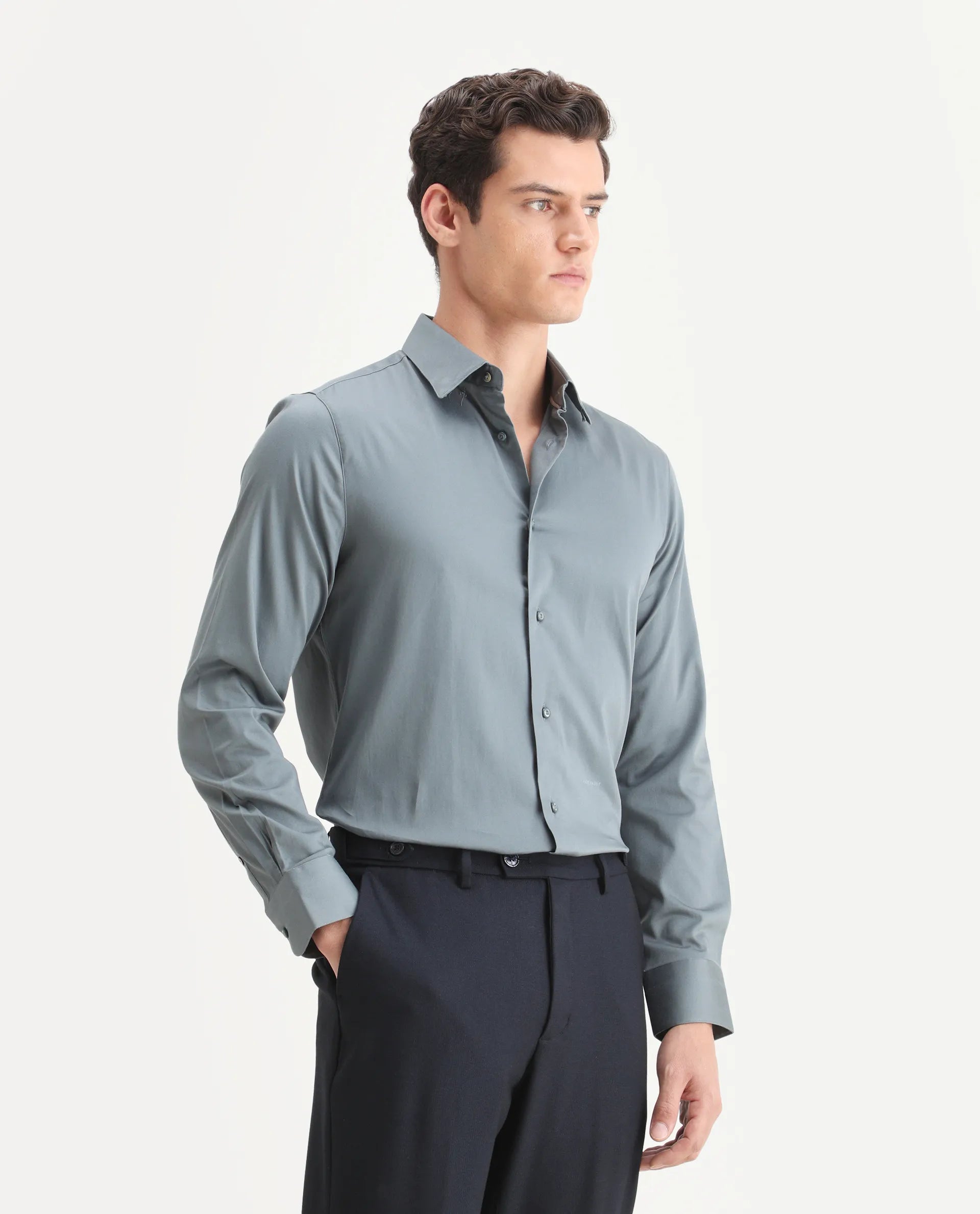 Rare Rabbit Men's Como-25 Dusky Blue Cotton Blend Plain Regular Fit Full Sleeve Collared Shirt