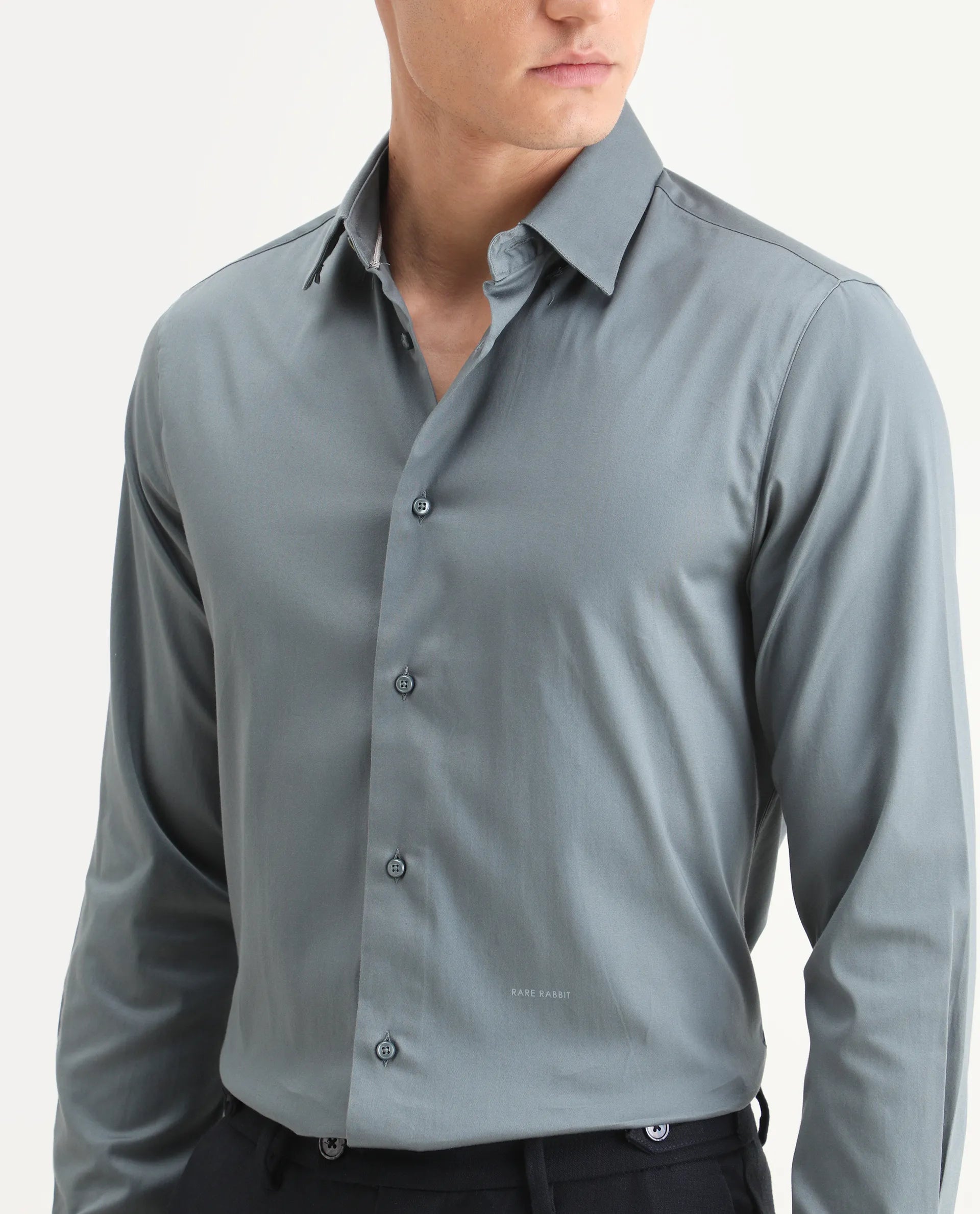 Rare Rabbit Men's Como-25 Dusky Blue Cotton Blend Plain Regular Fit Full Sleeve Collared Shirt