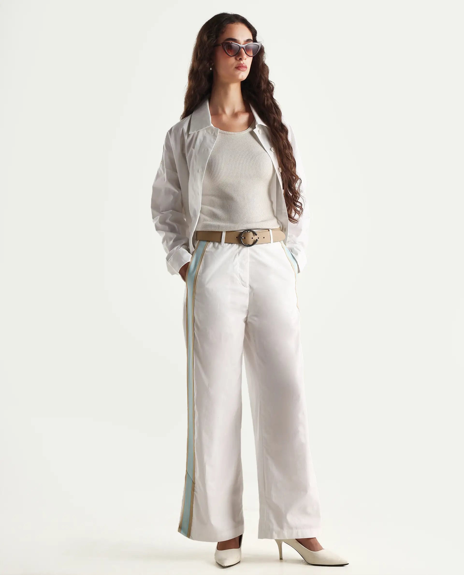 Rareism Women's Nocam B Off White Cotton Plain Ankle Length Wide Trouser