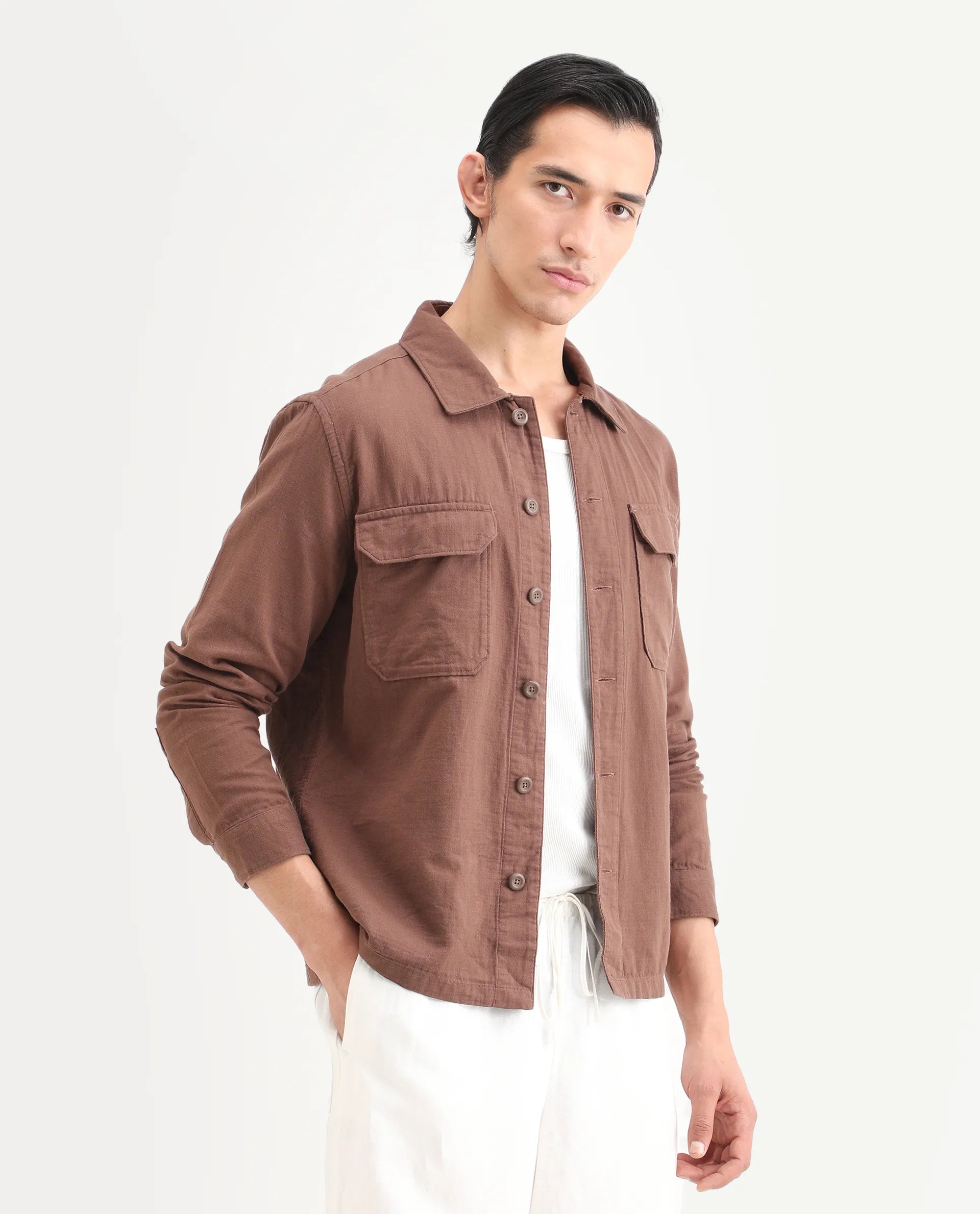 Rare Rabbit Men's Prest-25 Dusky Brown Cotton Plain Regular Fit Full Sleeve Collared Shacket