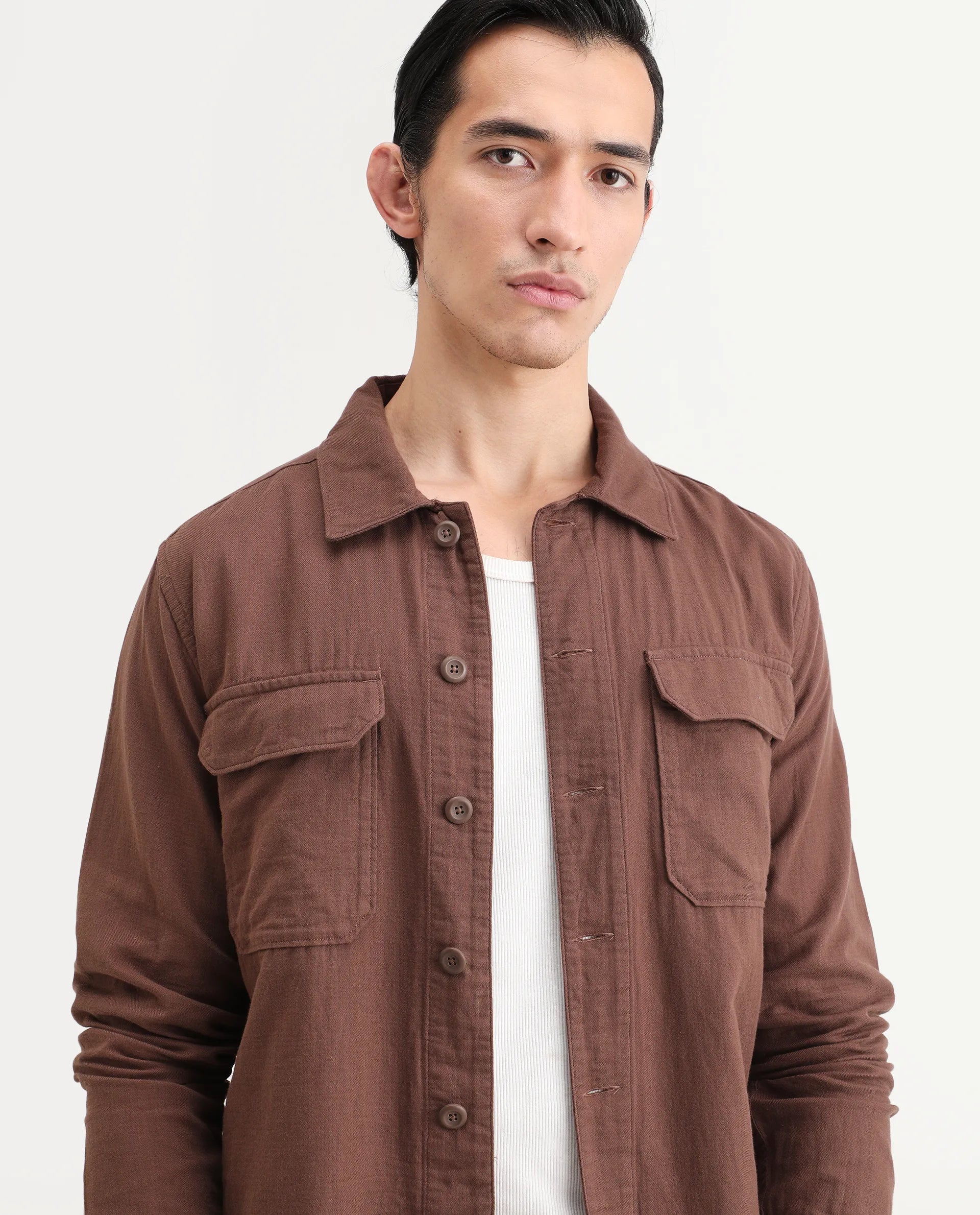 Rare Rabbit Men's Prest-25 Dusky Brown Cotton Plain Regular Fit Full Sleeve Collared Shacket