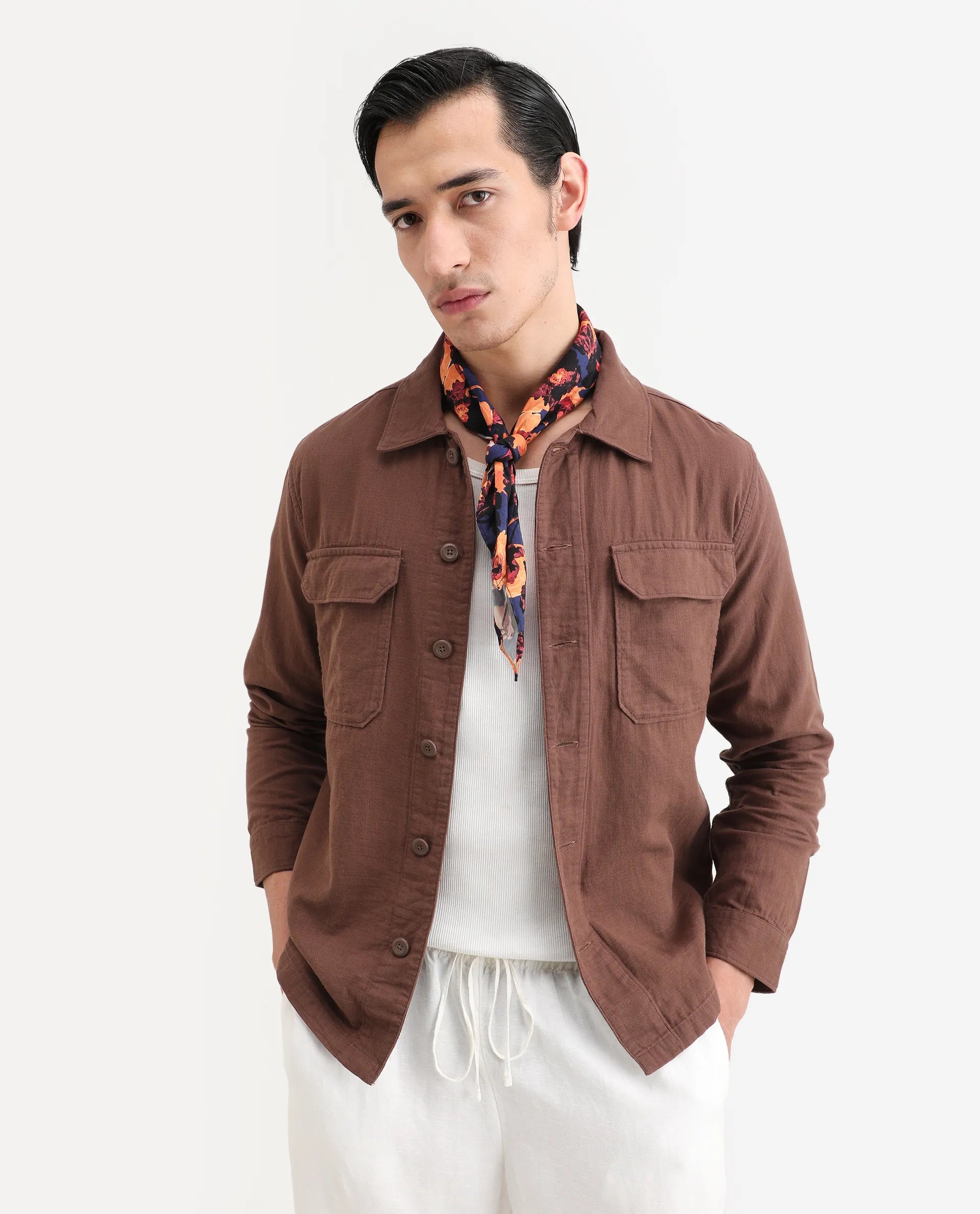 Rare Rabbit Men's Prest-25 Dusky Brown Cotton Plain Regular Fit Full Sleeve Collared Shacket