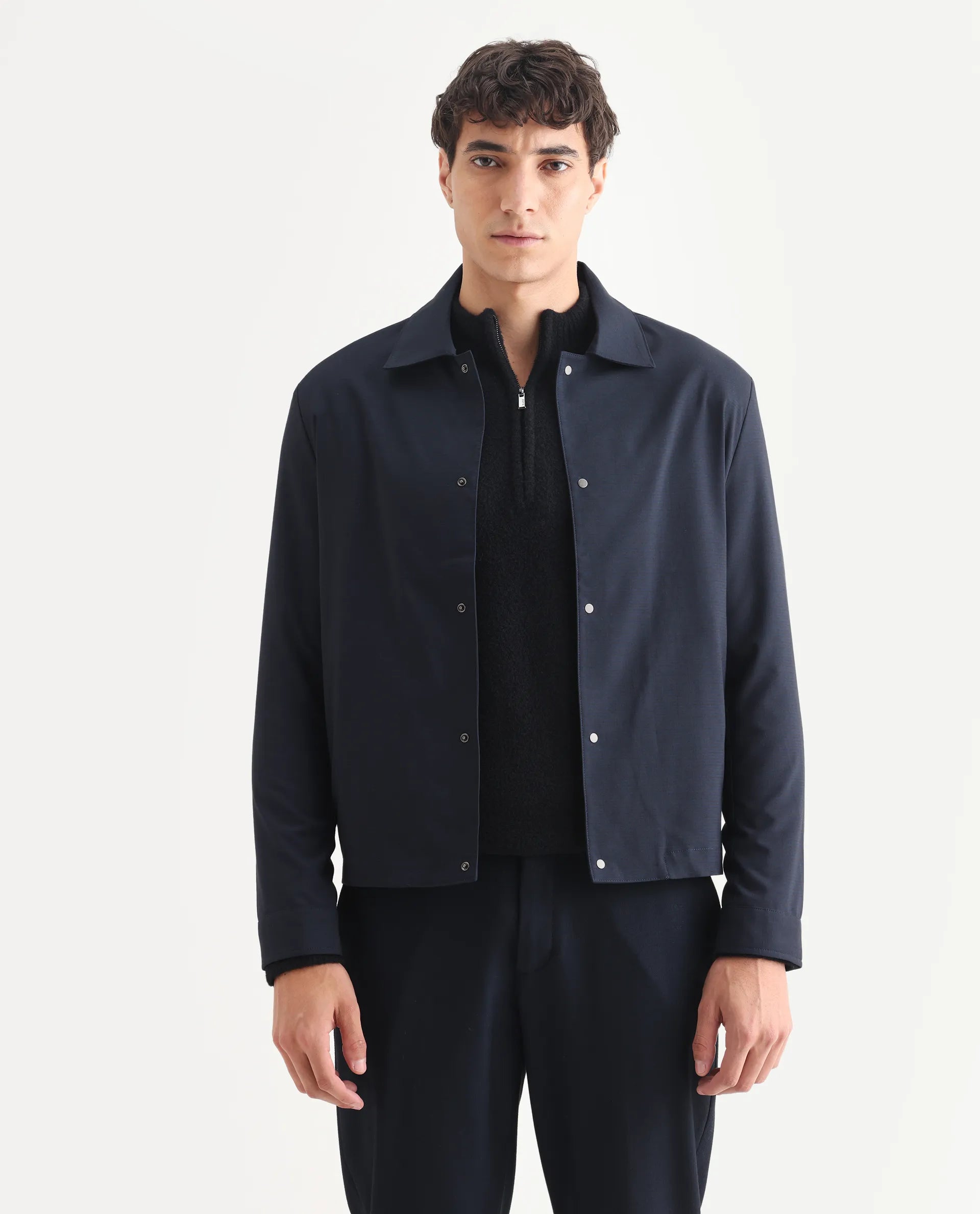 Rare Rabbit Men's Micraso Navy Polyester Blend Checked Print Regular Fit Full Sleeve Collared Shacket