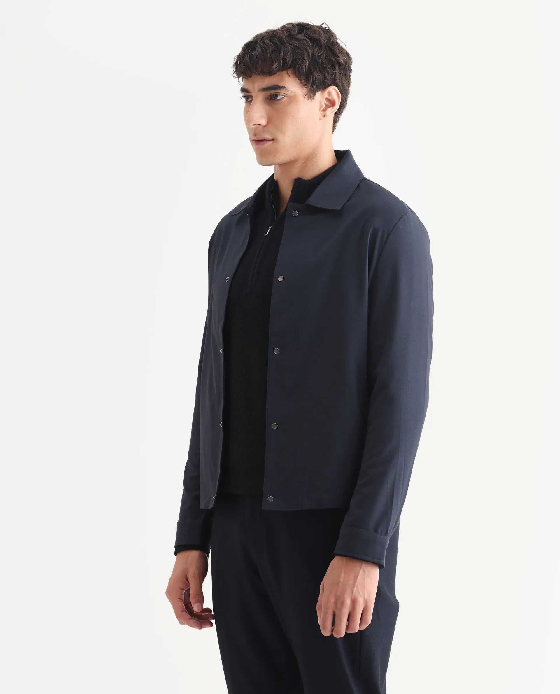 Rare Rabbit Men's Micraso Navy Polyester Blend Checked Print Regular Fit Full Sleeve Collared Shacket