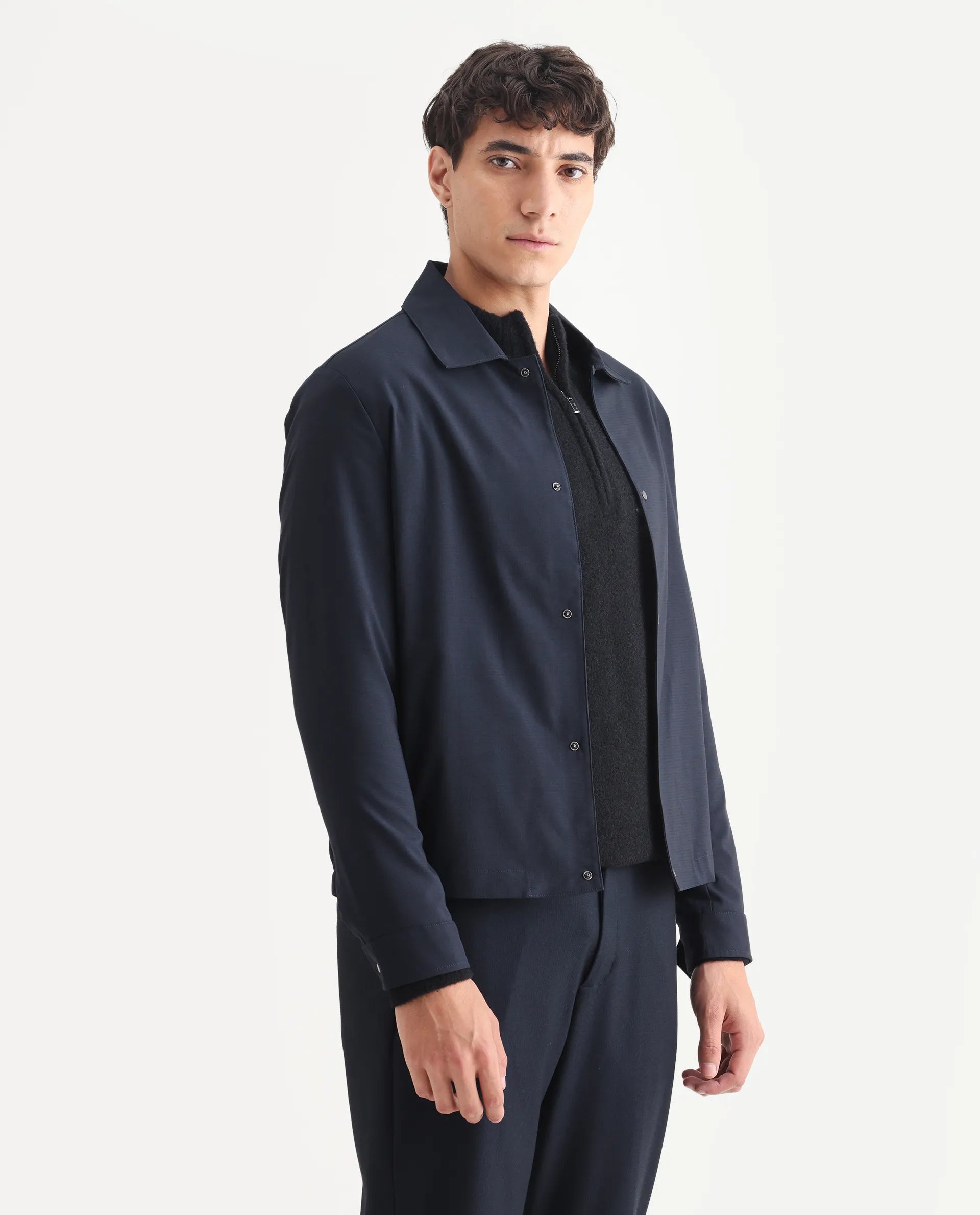 Rare Rabbit Men's Micraso Navy Polyester Blend Checked Print Regular Fit Full Sleeve Collared Shacket