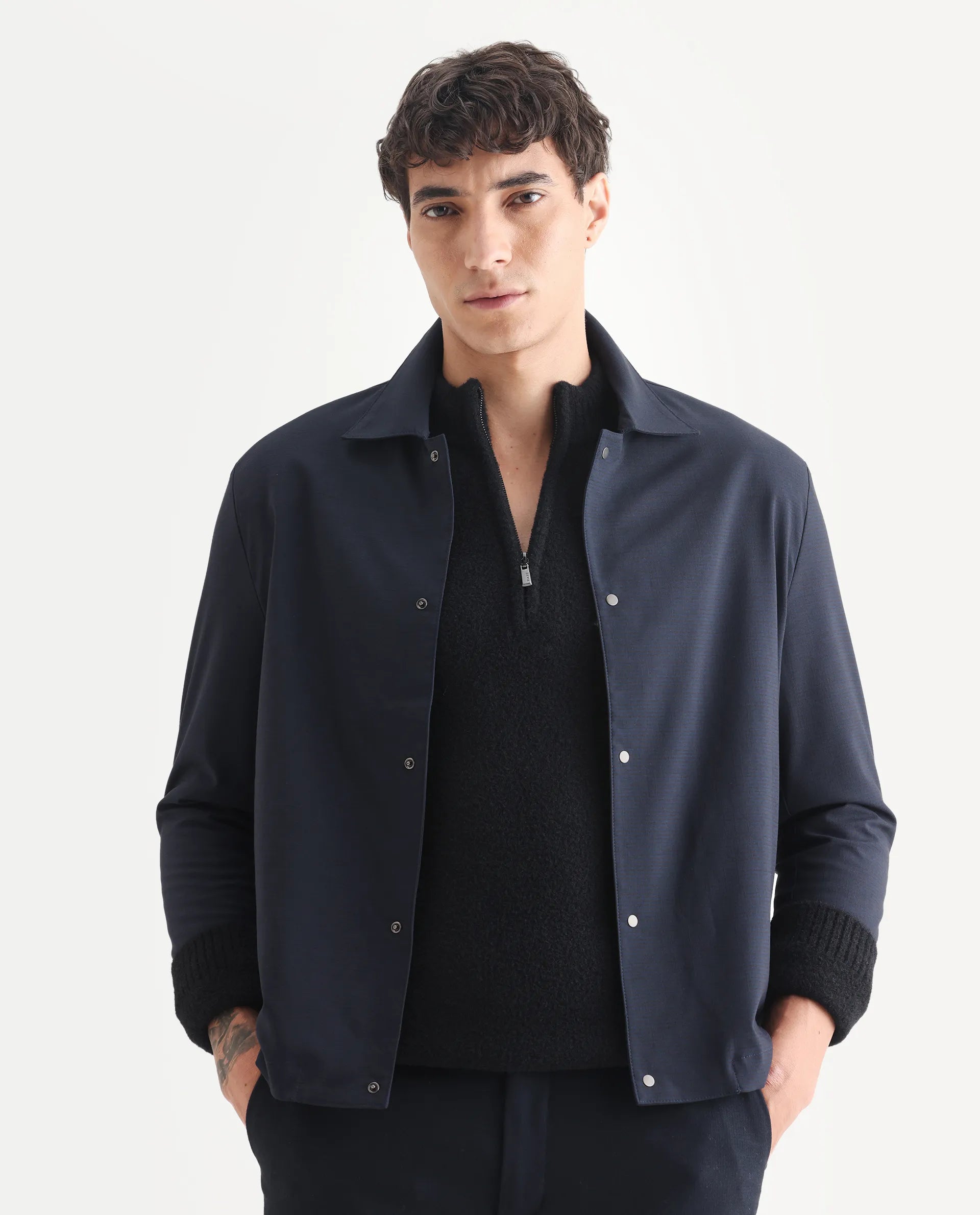 Rare Rabbit Men's Micraso Navy Polyester Blend Checked Print Regular Fit Full Sleeve Collared Shacket