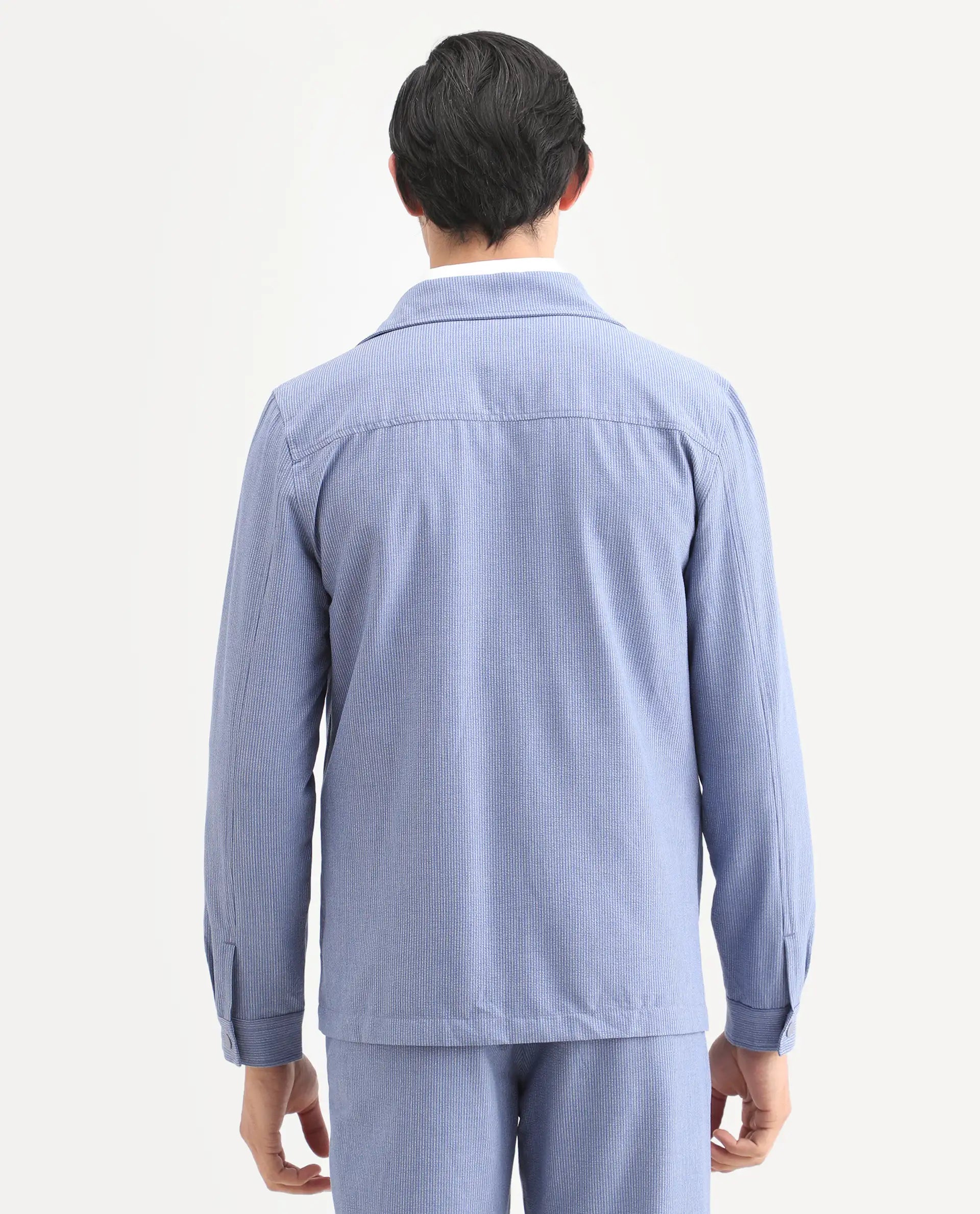 Rare Rabbit Men's Horns Blue Polyester Blend Striped Print Relaxed Fit Full Sleeve Collared Shacket