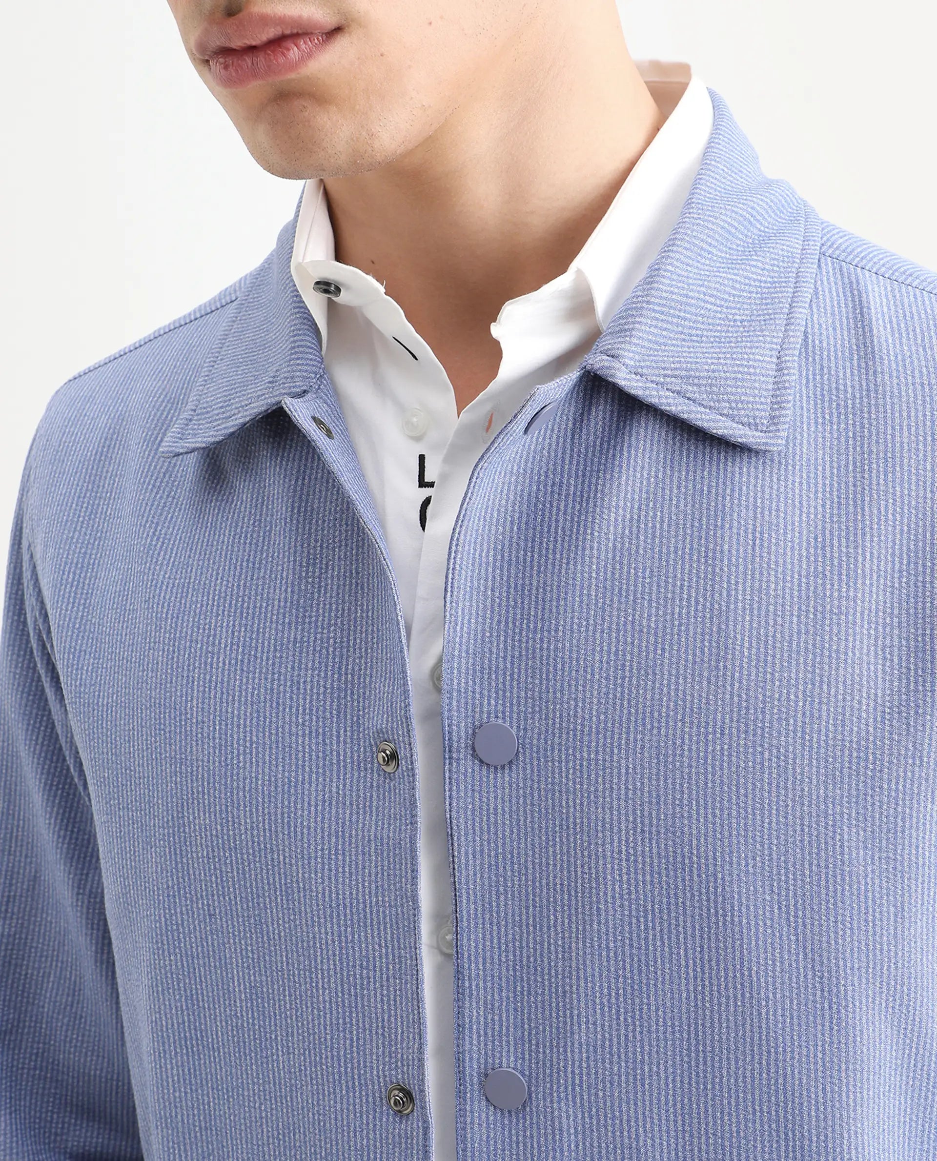 Rare Rabbit Men's Horns Blue Polyester Blend Striped Print Relaxed Fit Full Sleeve Collared Shacket