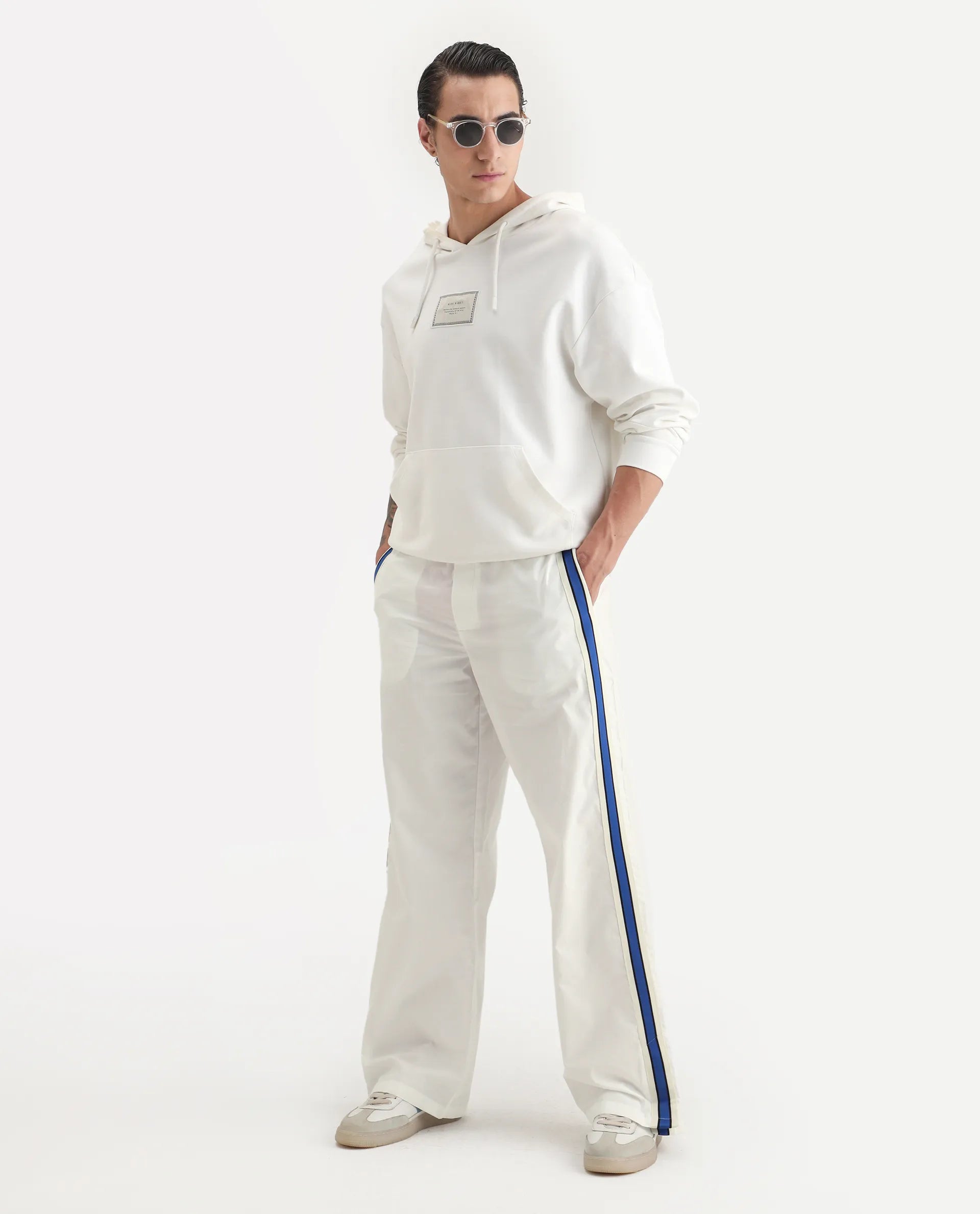 Rare Rabbit Men's Macon White Cotton Plain Baggy Fit Track Pant