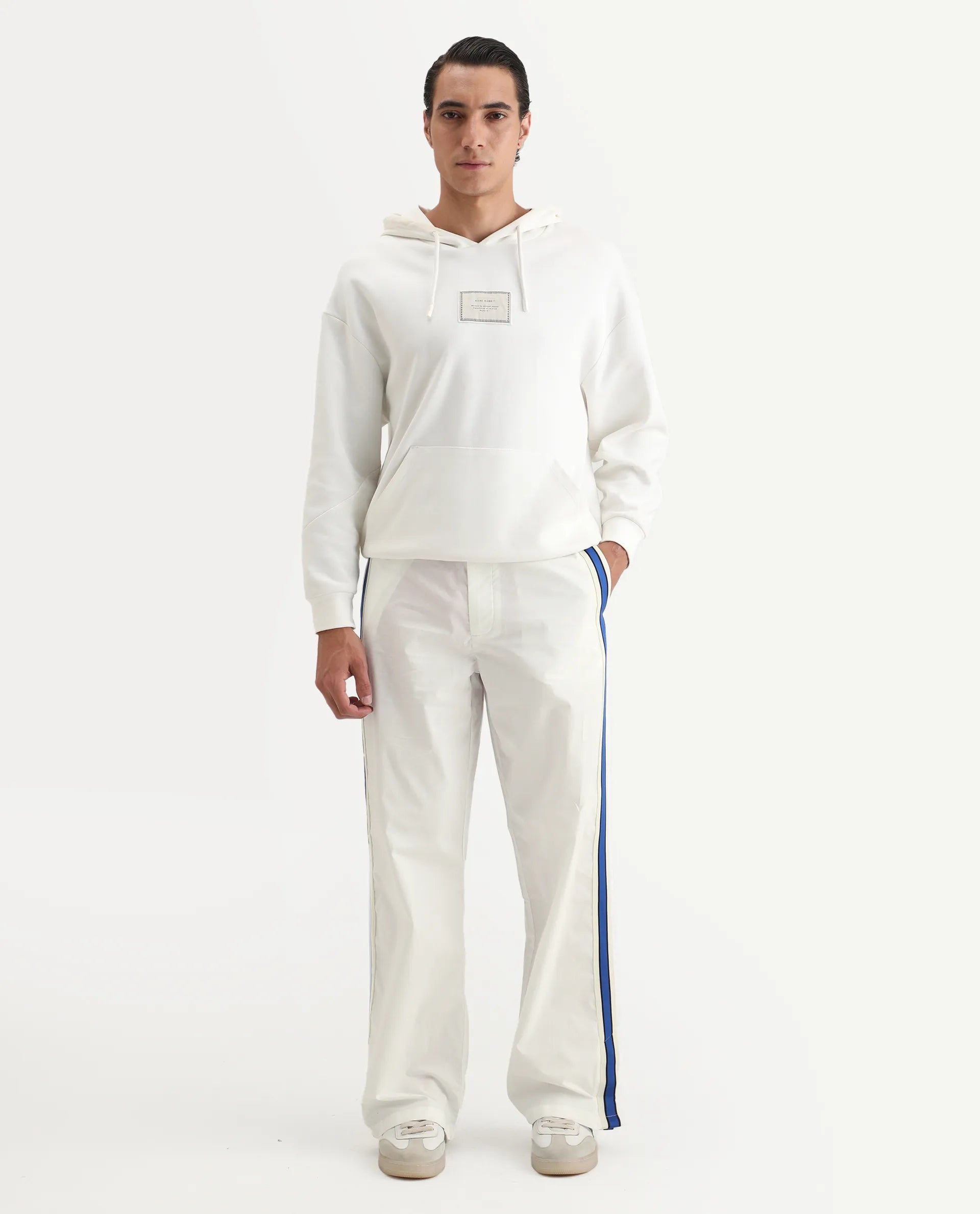 Rare Rabbit Men's Macon White Cotton Plain Baggy Fit Track Pant