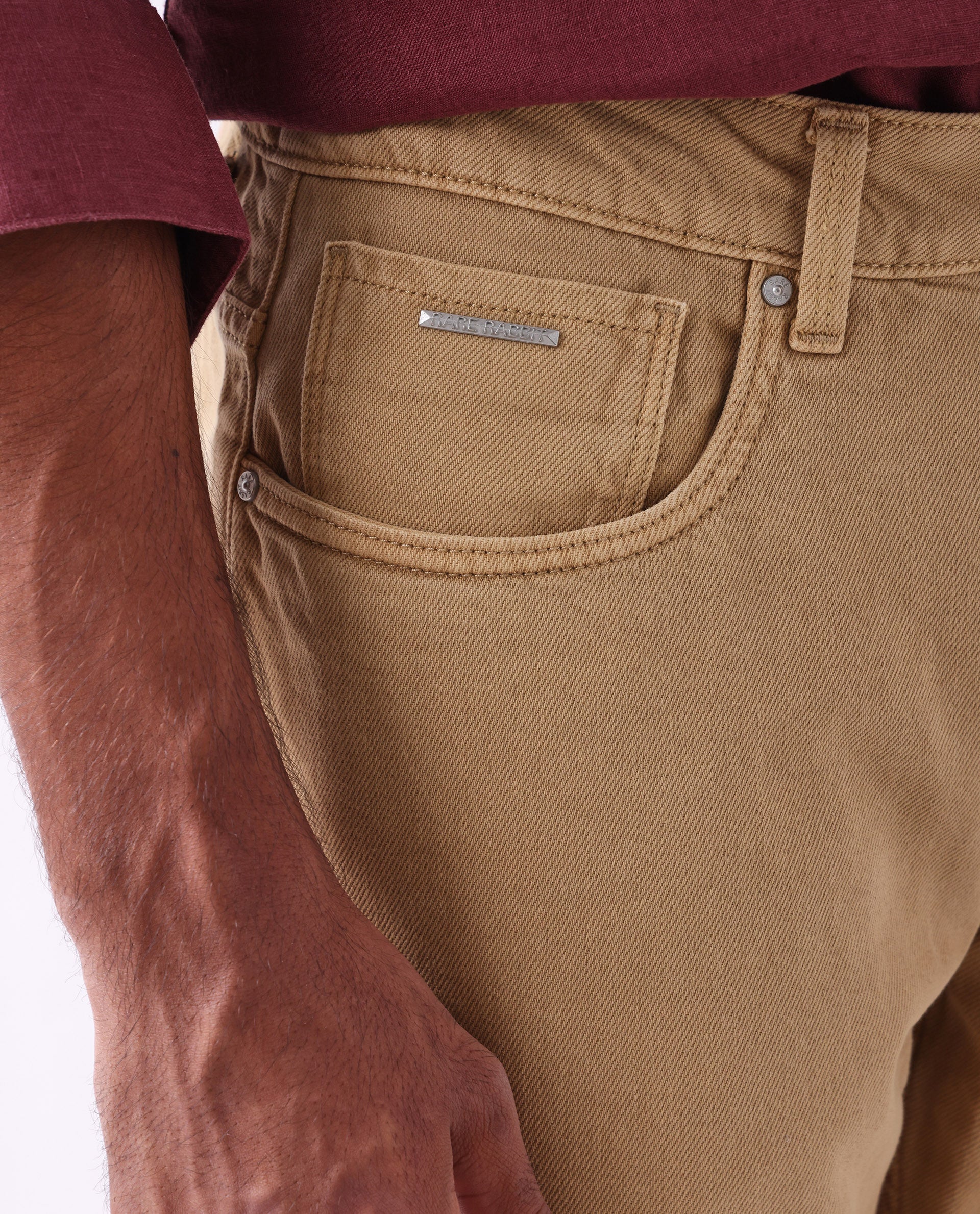 Rare Rabbit Men's Arvi Mustard Cotton Plain Dond Carrot Fit Jeans