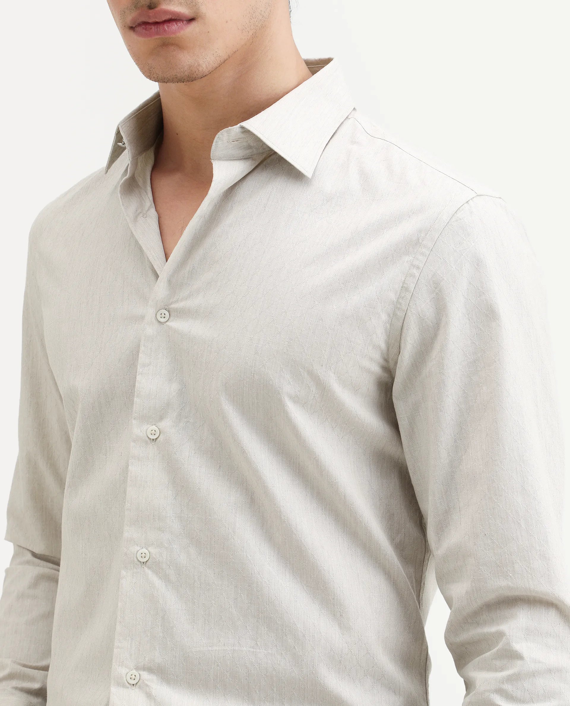 Rare Rabbit Men's Plib Beige Cotton Jacquard Regular Fit Full Sleeve Collared Shirt