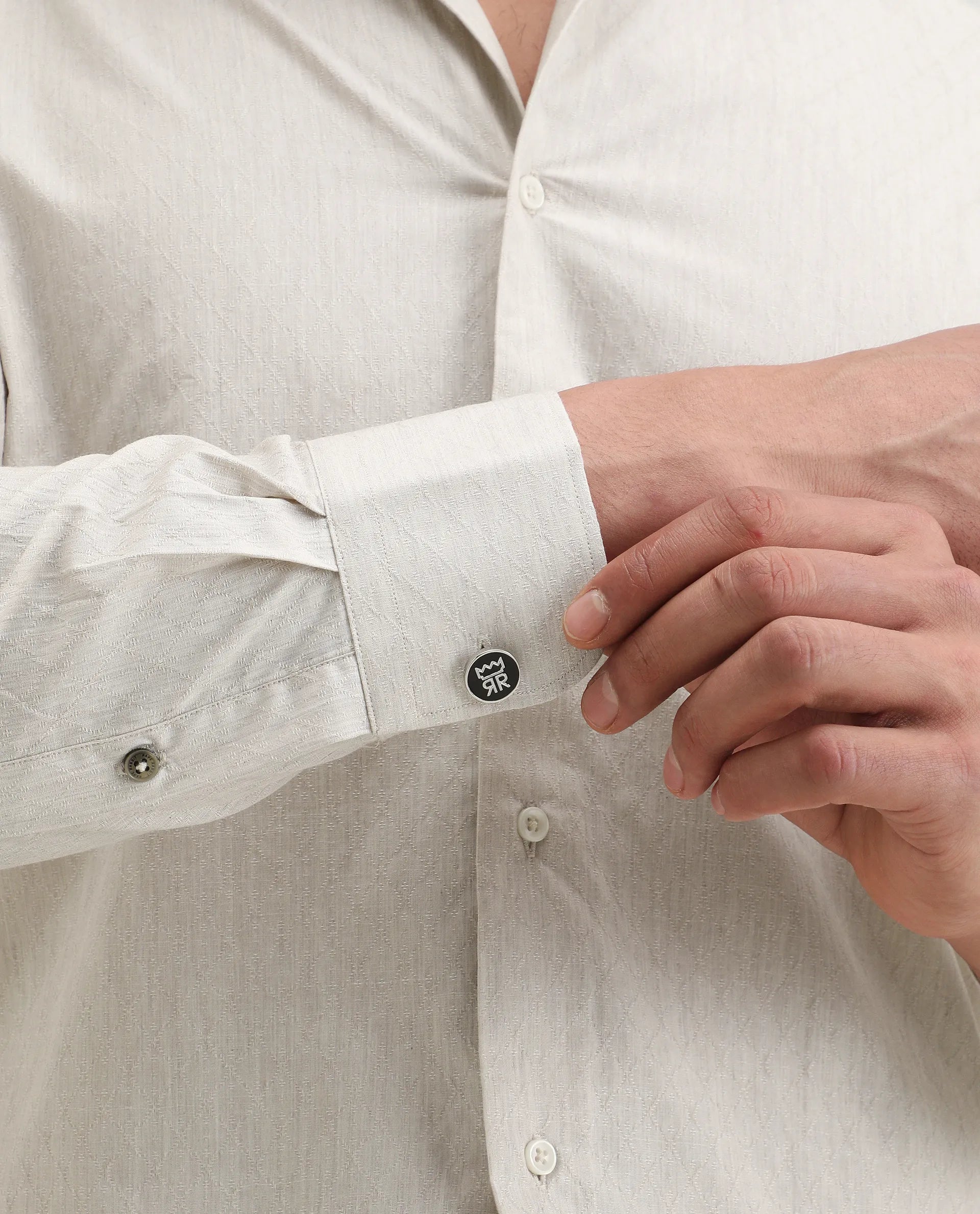 Rare Rabbit Men's Plib Beige Cotton Jacquard Regular Fit Full Sleeve Collared Shirt