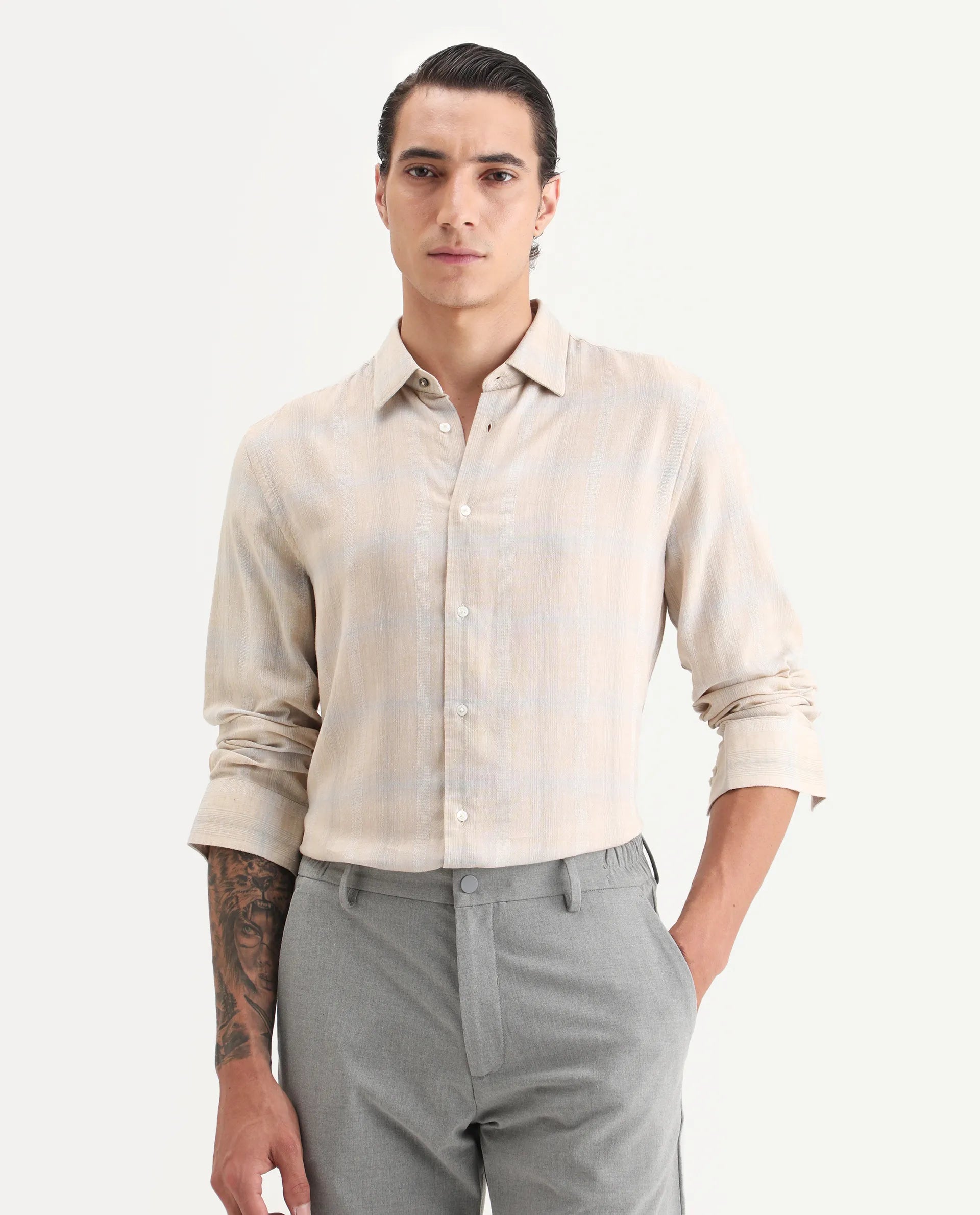 Rare Rabbit Men Eamon Light Beige Linen Checked Print Regular Fit Full Sleeve Collared Shirt