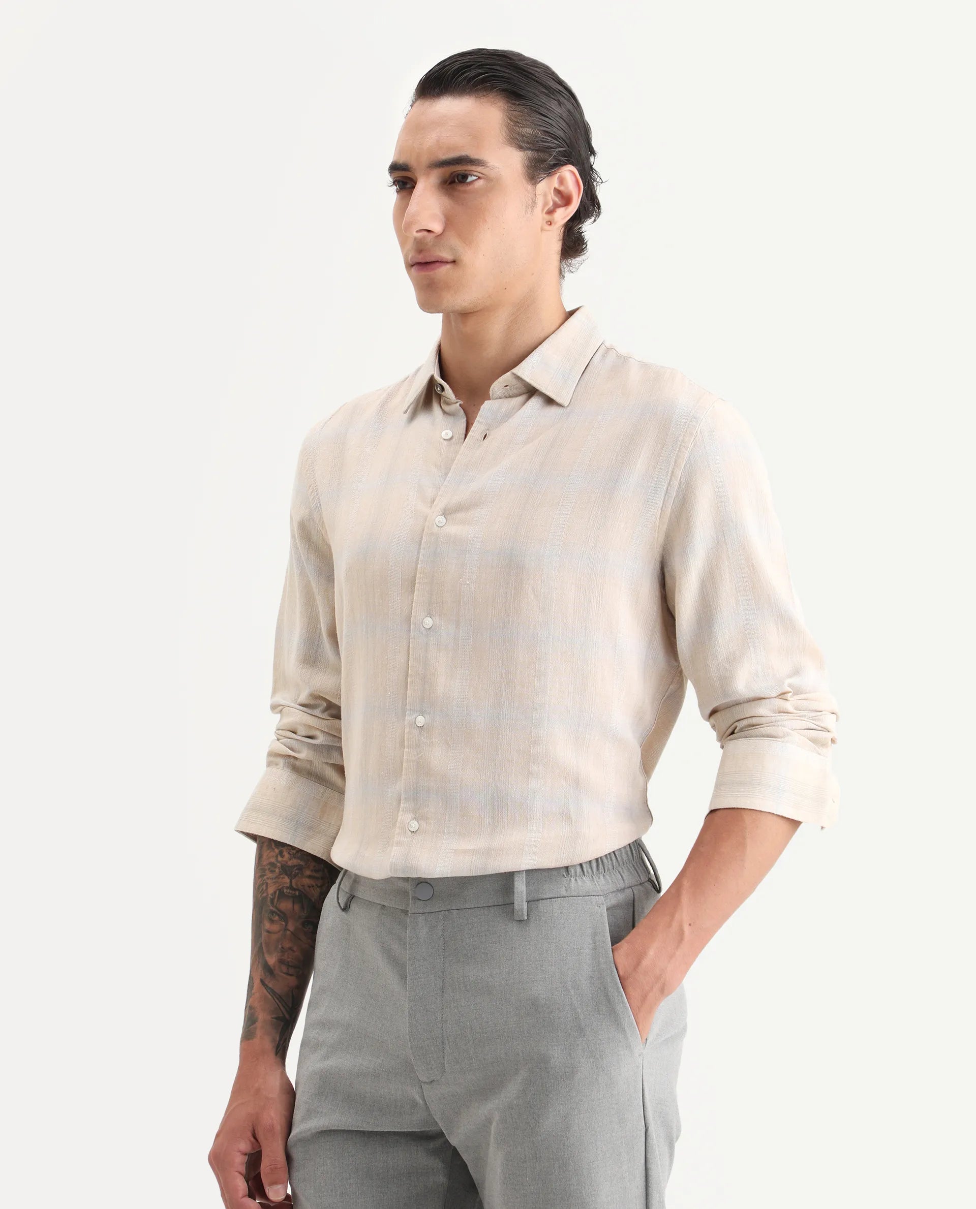 Rare Rabbit Men Eamon Light Beige Linen Checked Print Regular Fit Full Sleeve Collared Shirt