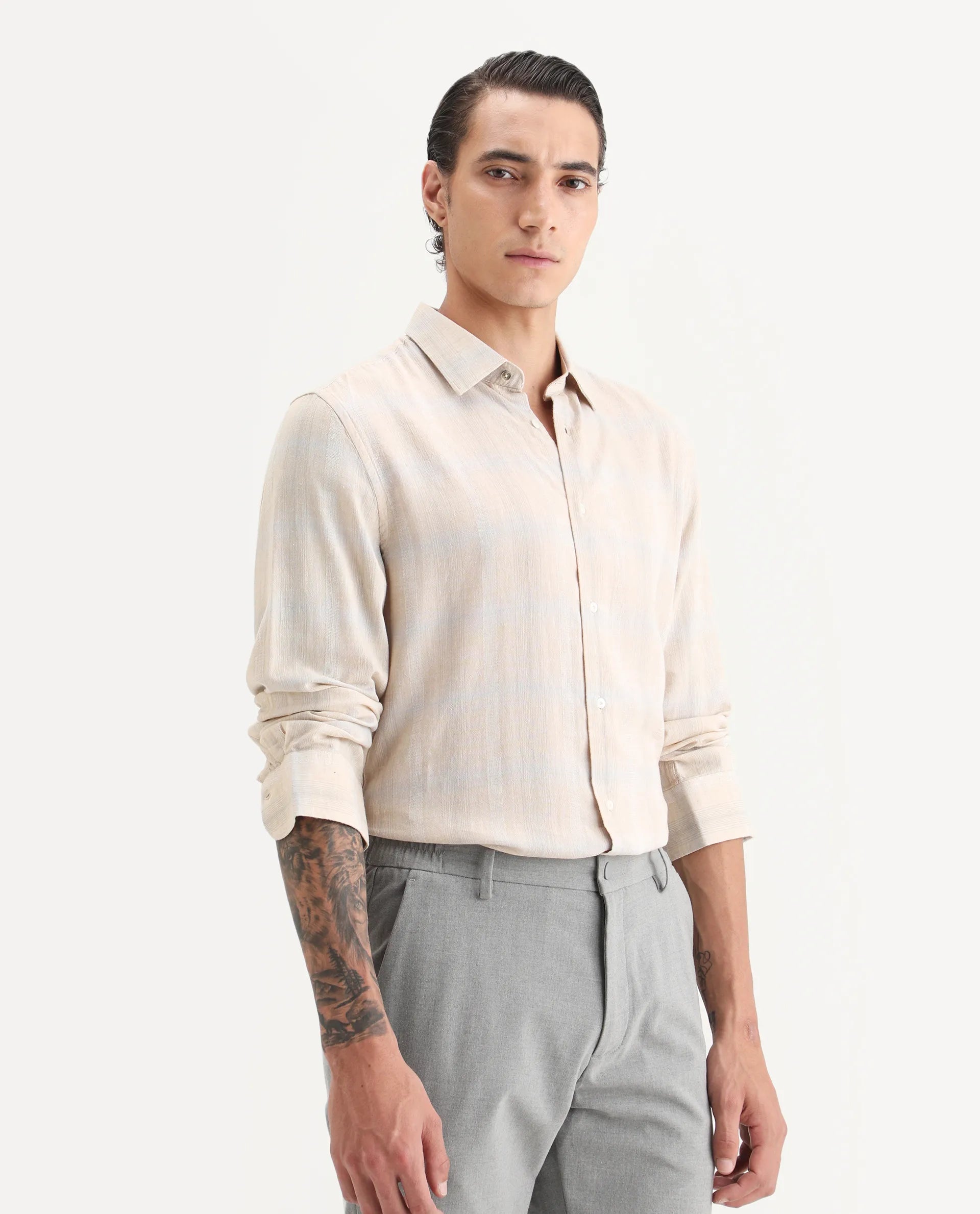 Rare Rabbit Men Eamon Light Beige Linen Checked Print Regular Fit Full Sleeve Collared Shirt