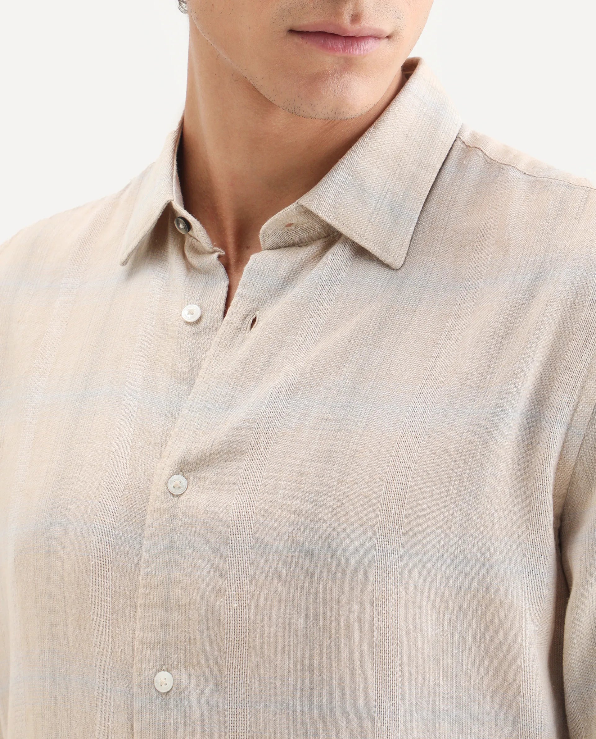 Rare Rabbit Men Eamon Light Beige Linen Checked Print Regular Fit Full Sleeve Collared Shirt