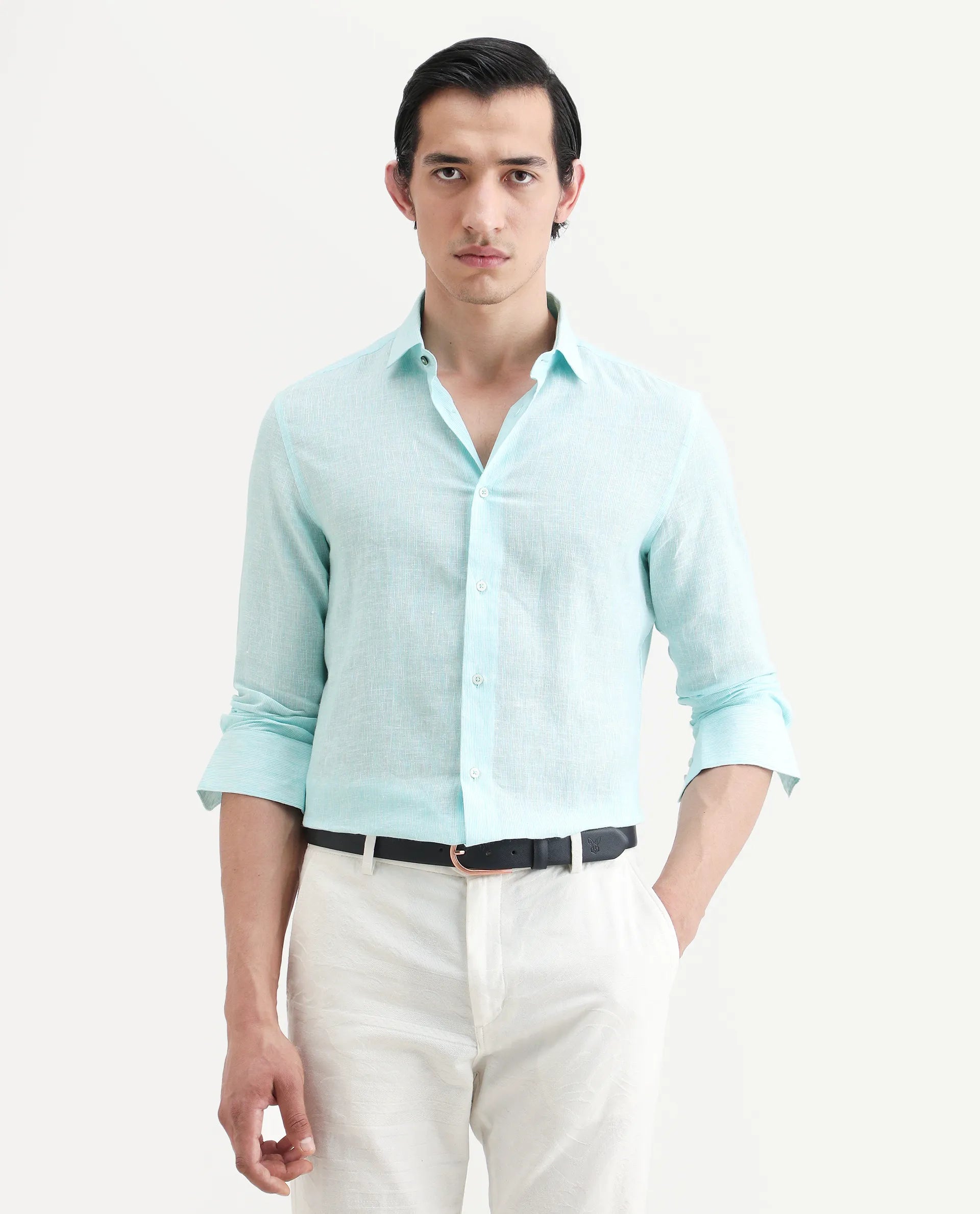 Rare Rabbit Men's Valt Light Aqua Linen Blend Plain Regular Fit Full Sleeve Collared Shirt